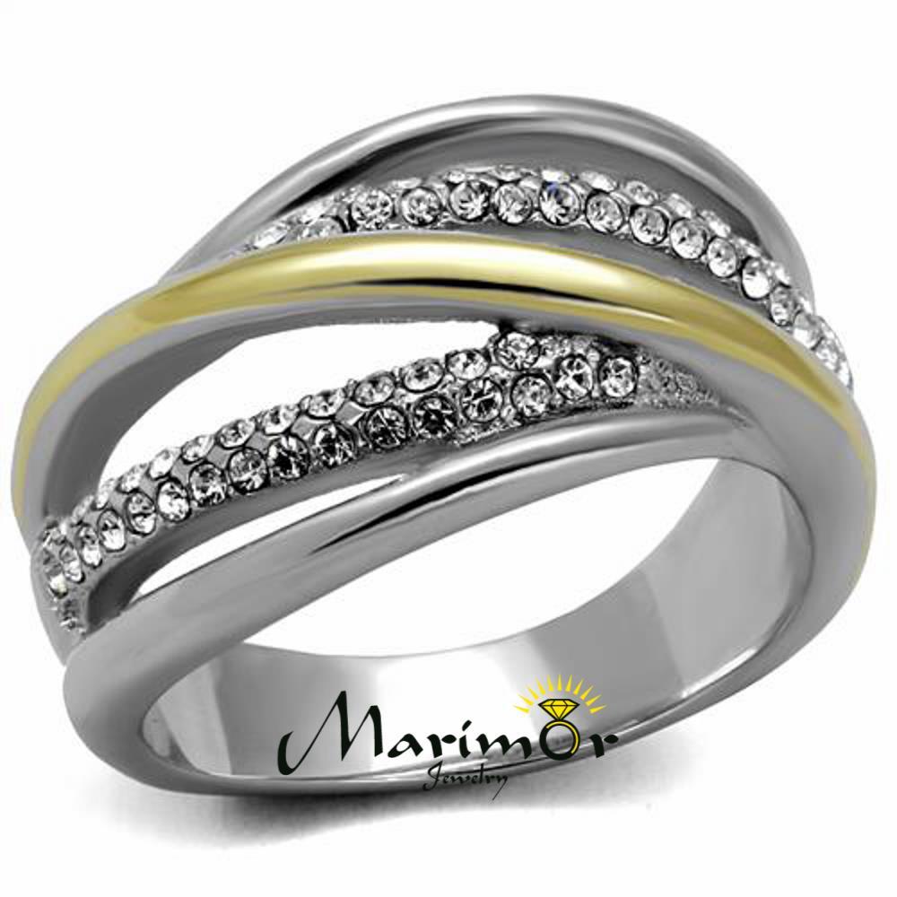 Womens Stainless Steel Two Toned 14k Gold Plated Micro Pave Crystal Fashion Ring