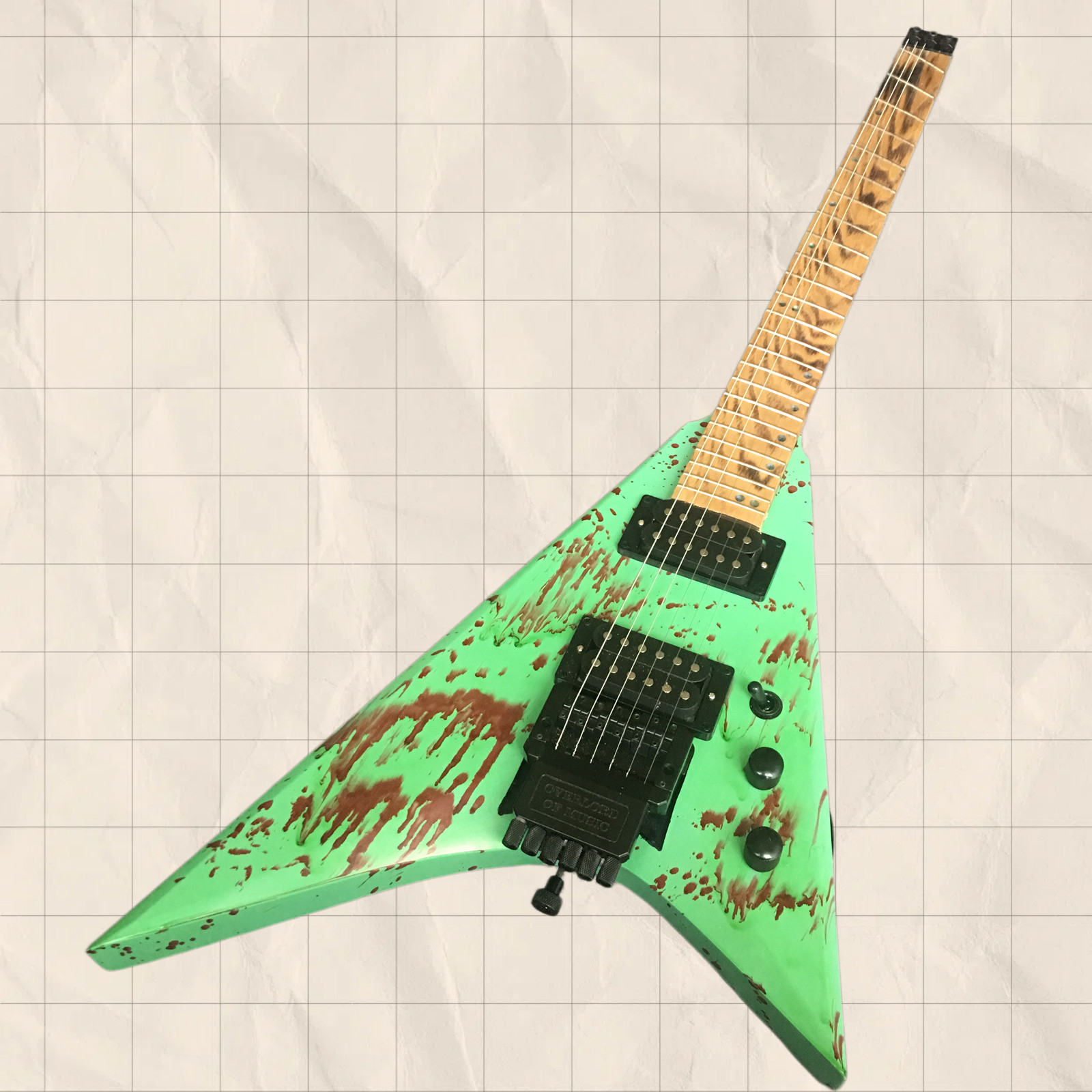 Custom Flying V Headless Green Electric Guitar HH Pickup Black Parts Real Photo