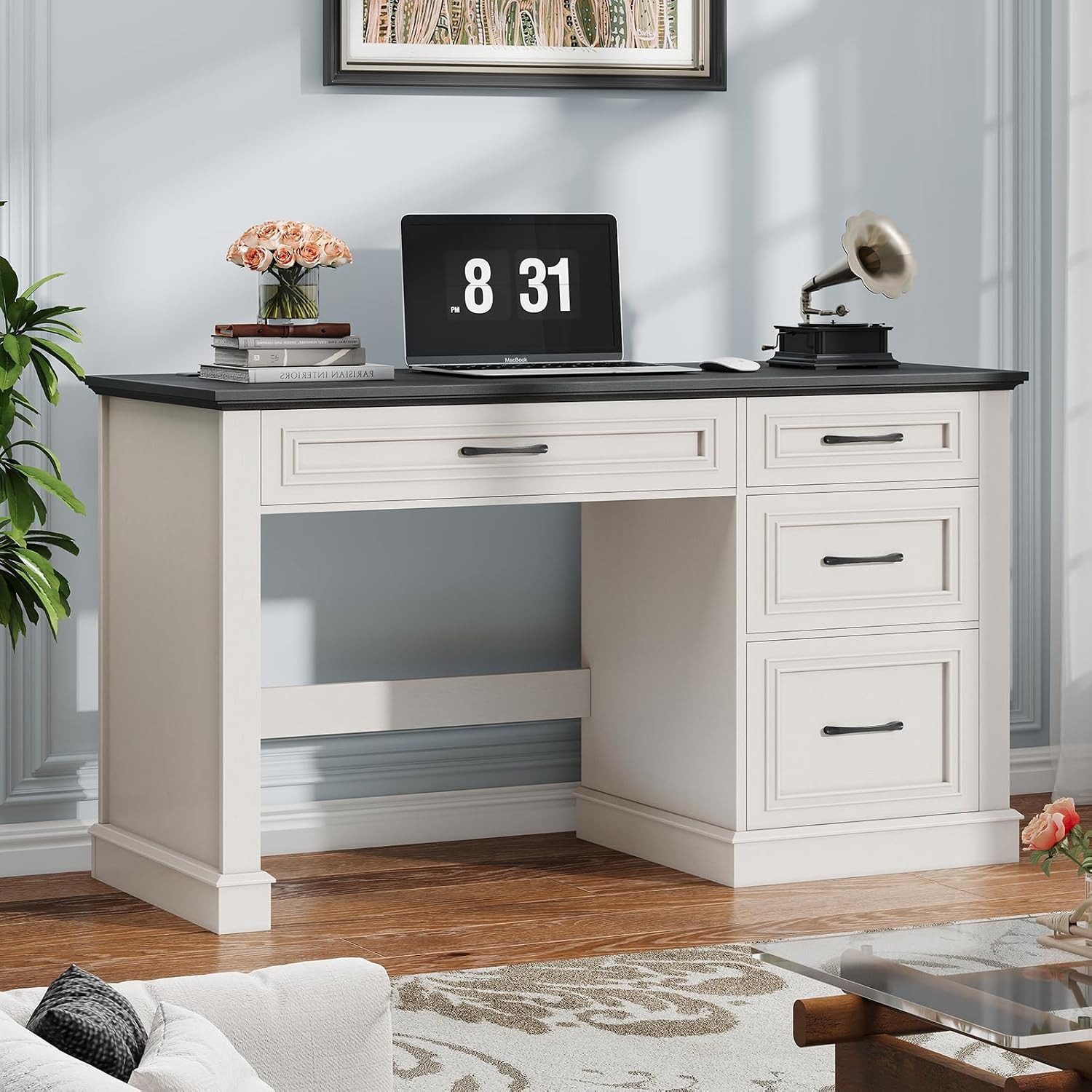 Farmhouse 47" Workstation Computer Desk with Drawers, Antique Black | Executive
