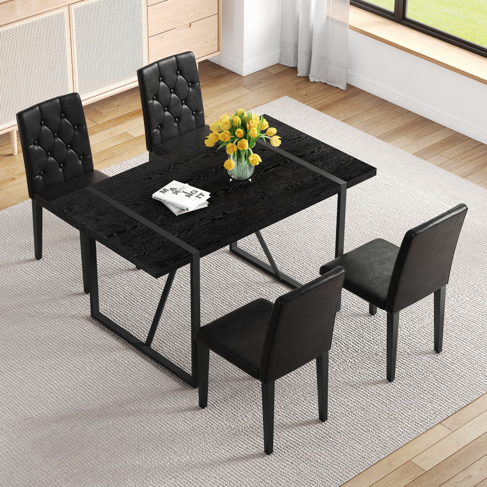 Black MDF Dining Table Set w/4 PU Chairs, Retro Modern Style