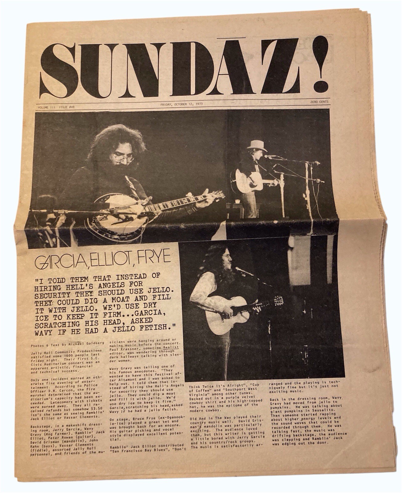 SUNDAZ 1973 Underground Newspaper Jerry Garcia Photos Text by Michael Goldberg
