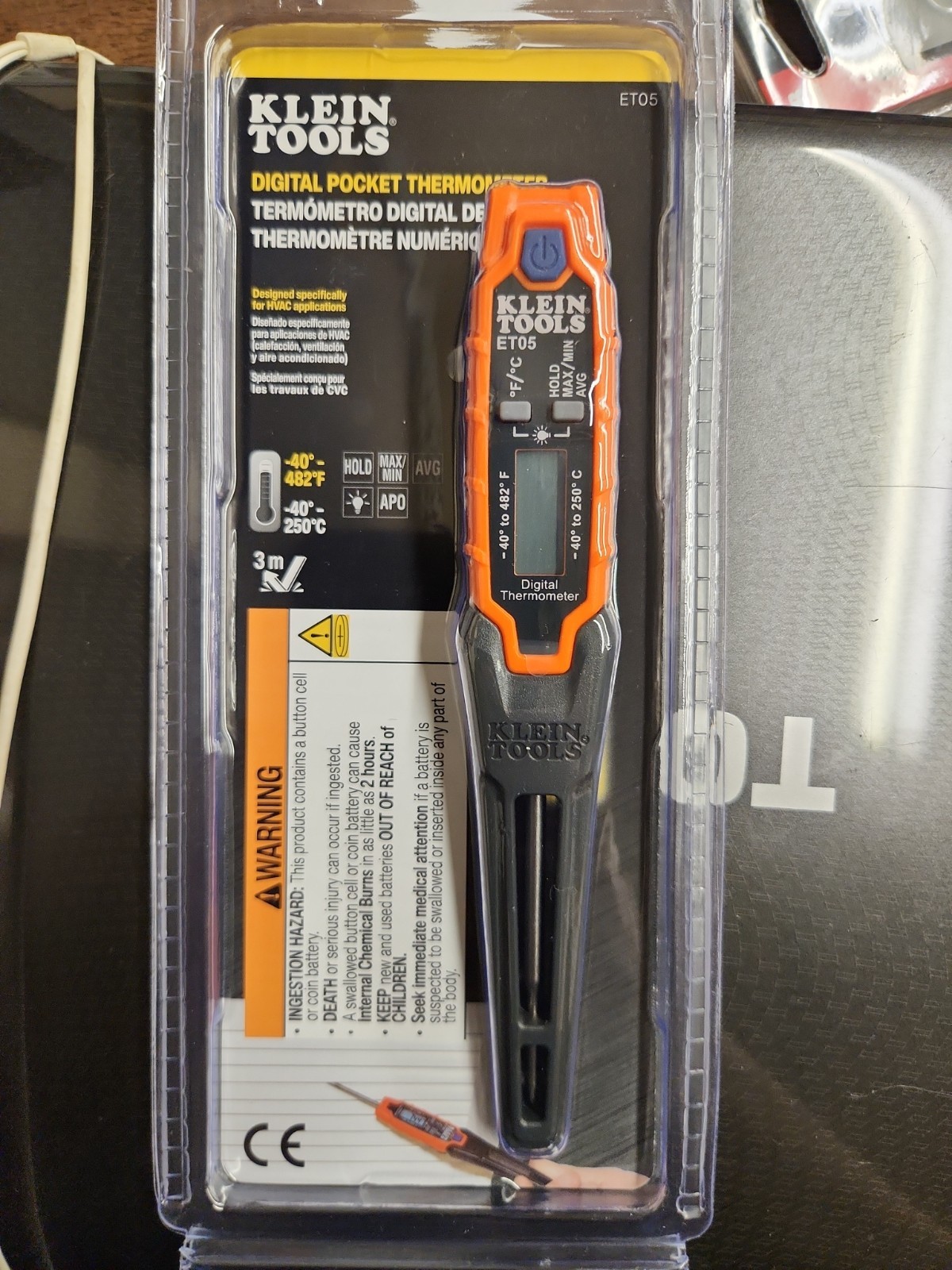 Klein Tools ET05 Digital Pocket Thermometer Stainless Steel Probe Lightweight