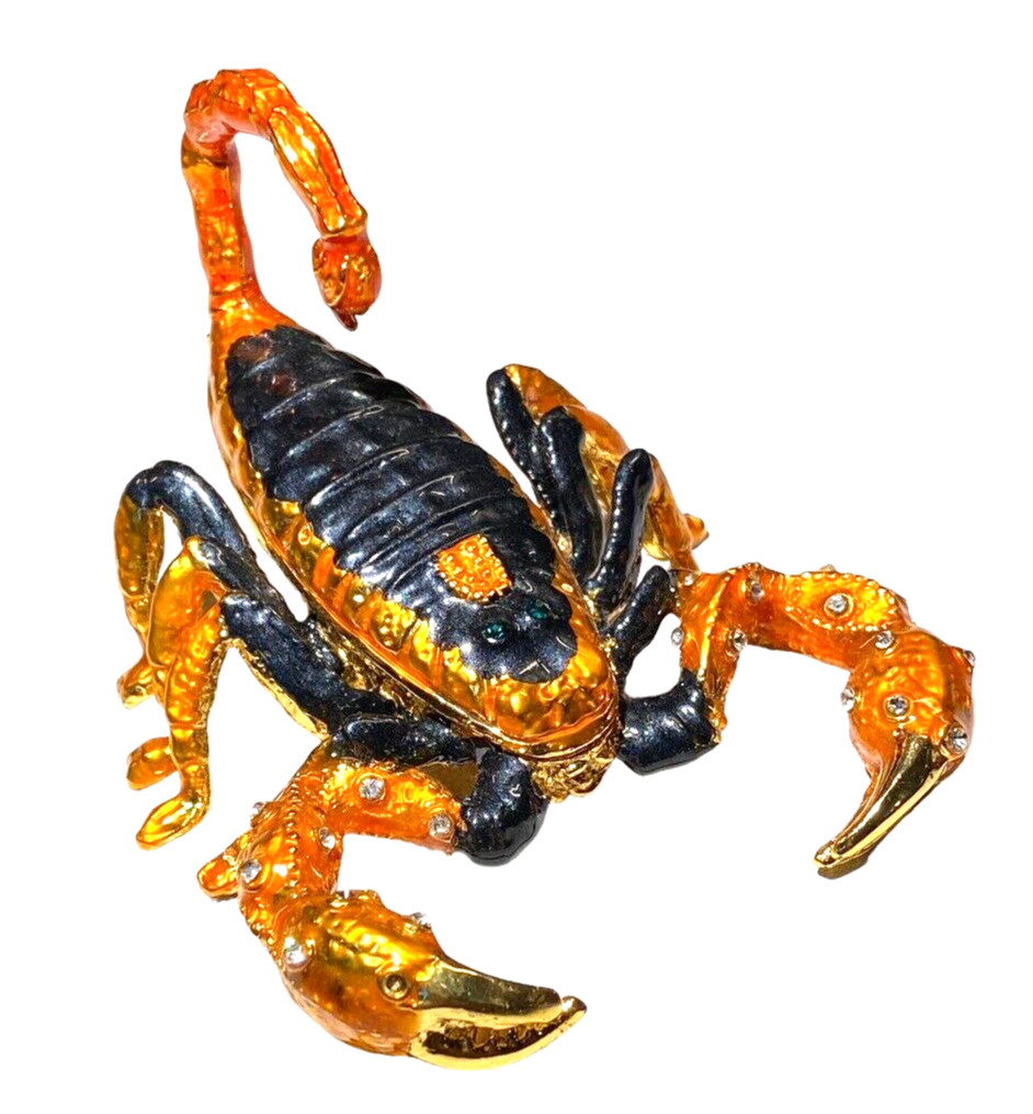 OIFU Scorpion Pill Box Decor Gold Black Orange Metal Rhinestone Studded