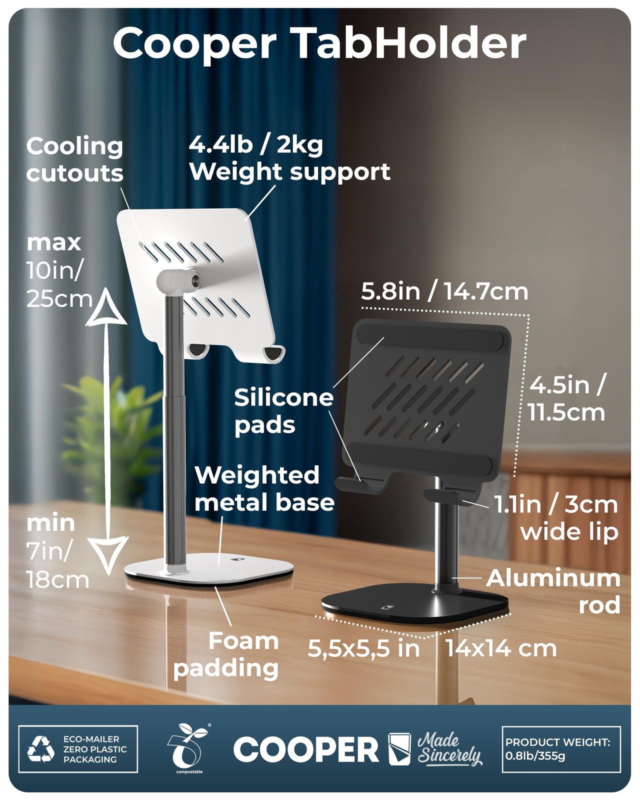 COOPER TabHolder, 7-10" Height Adjustable Tablet Stand, A - Night Black