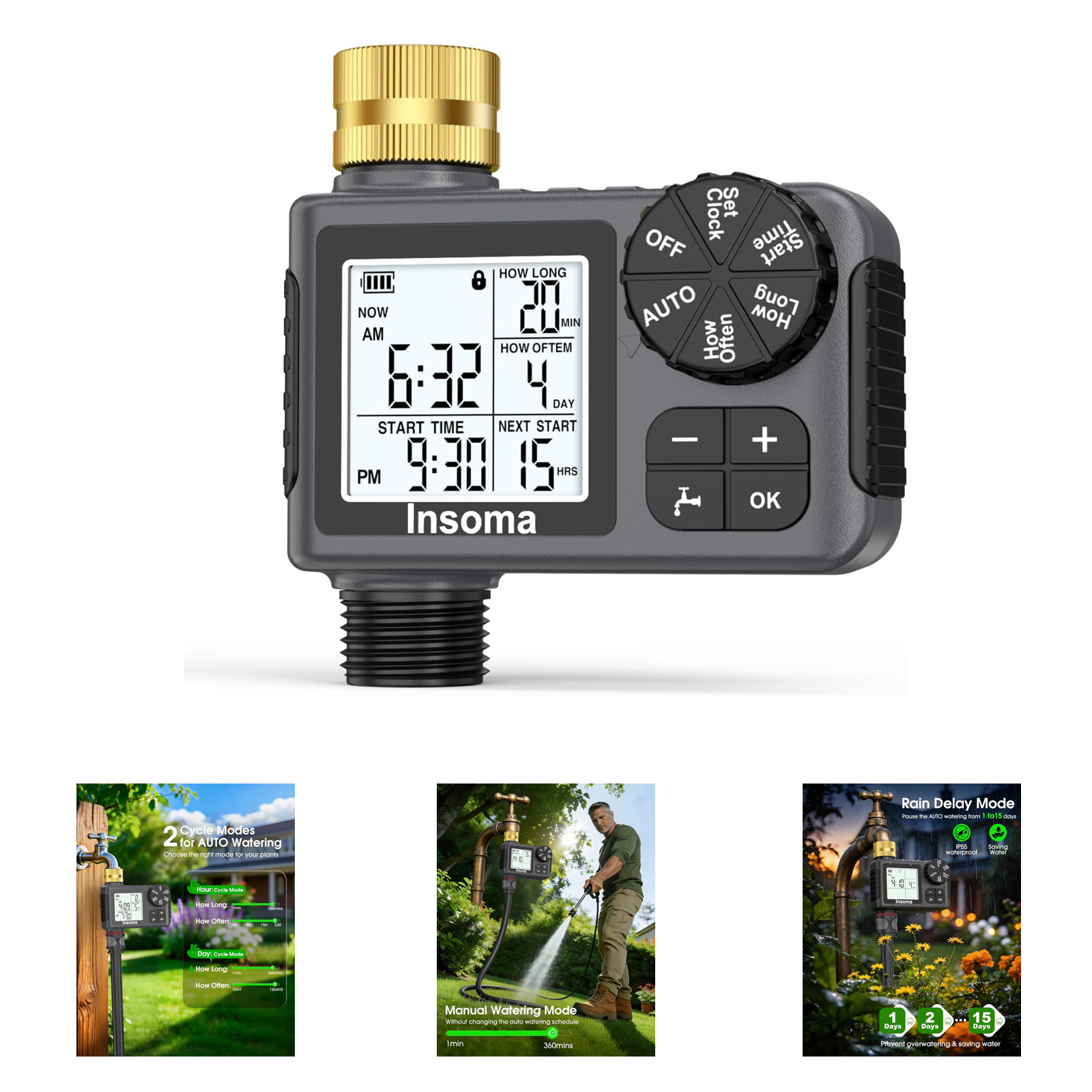 Water Timer for Garden Hose Brass Inlet 1 Outlet LCD Display Auto Manual Rain