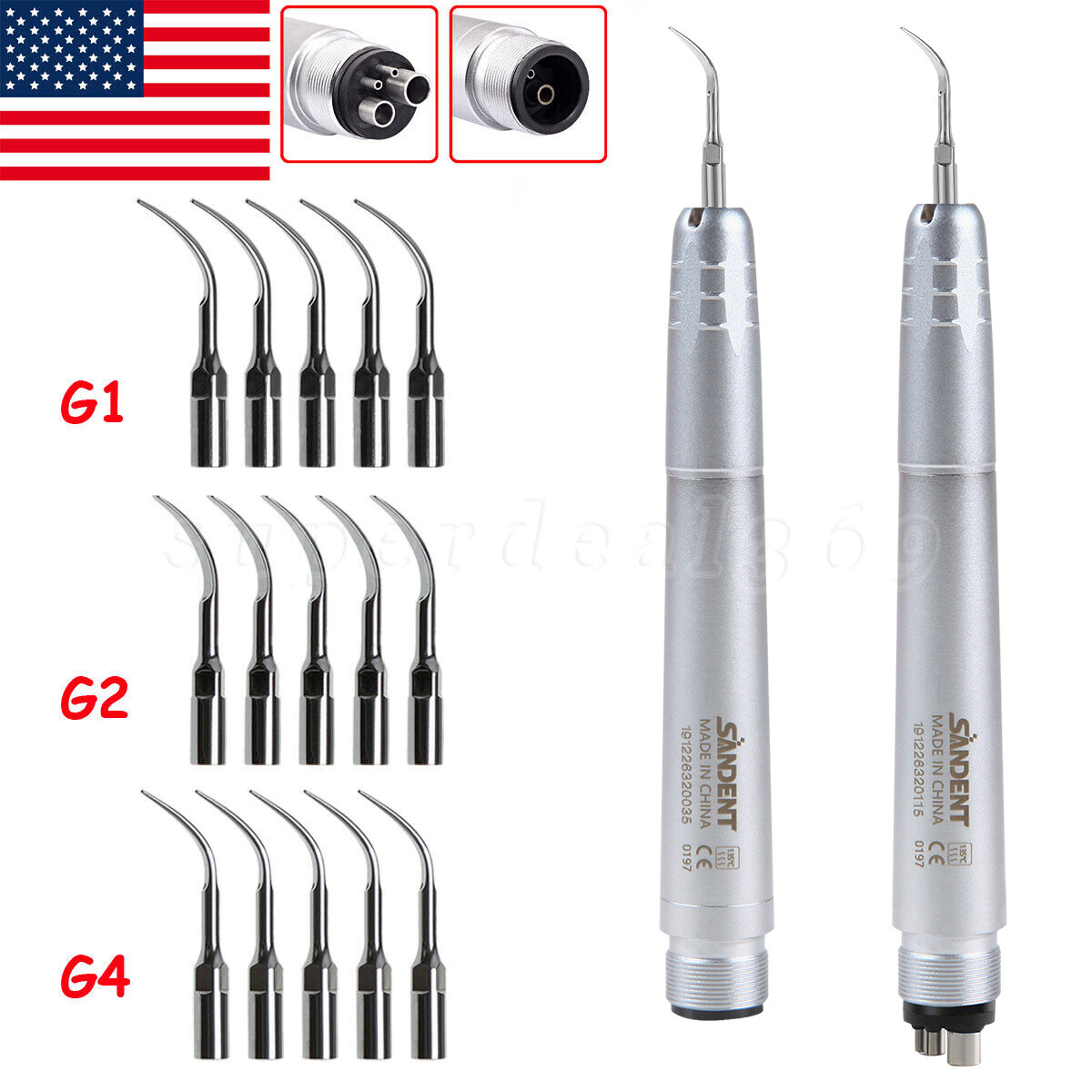 USA Dental Ultrasonic Air Perio Scaler Handpiece 2/4-Holes & G1 G2 G4 Tips DL