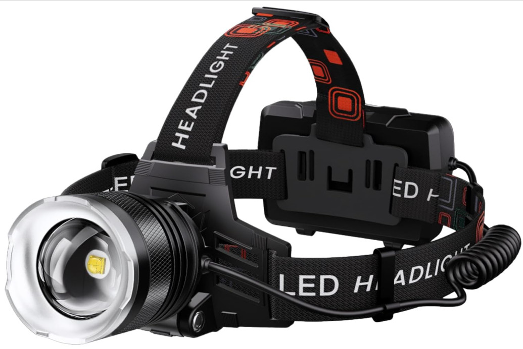 Linterna Frontal LED Recargable 9000mAh, 5 Modos, Zoom, Ajustable 90°, IPX7