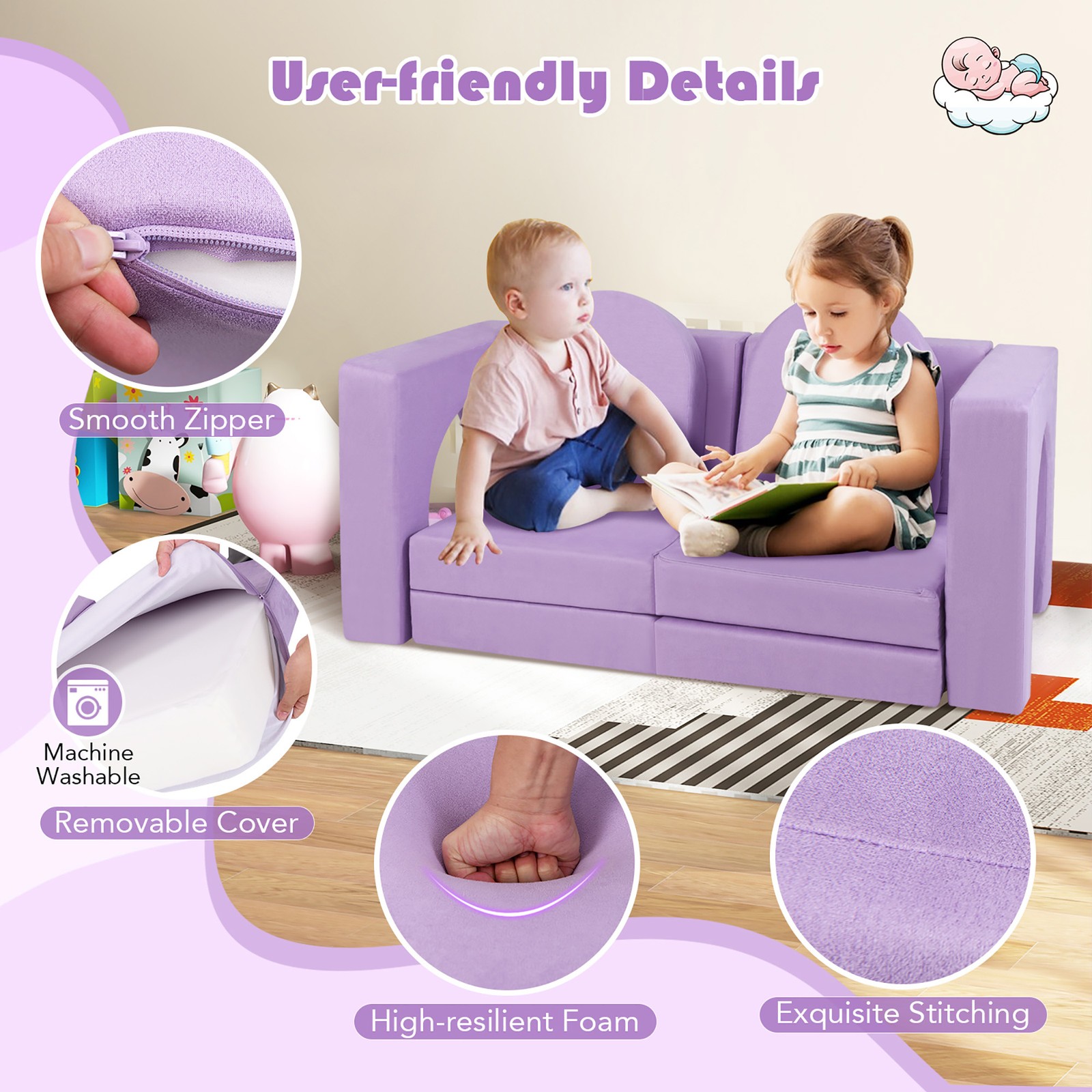 8 PCS Modular Kids Play Couch Sofa w/ Suede Fabric Cover High-Density Foam