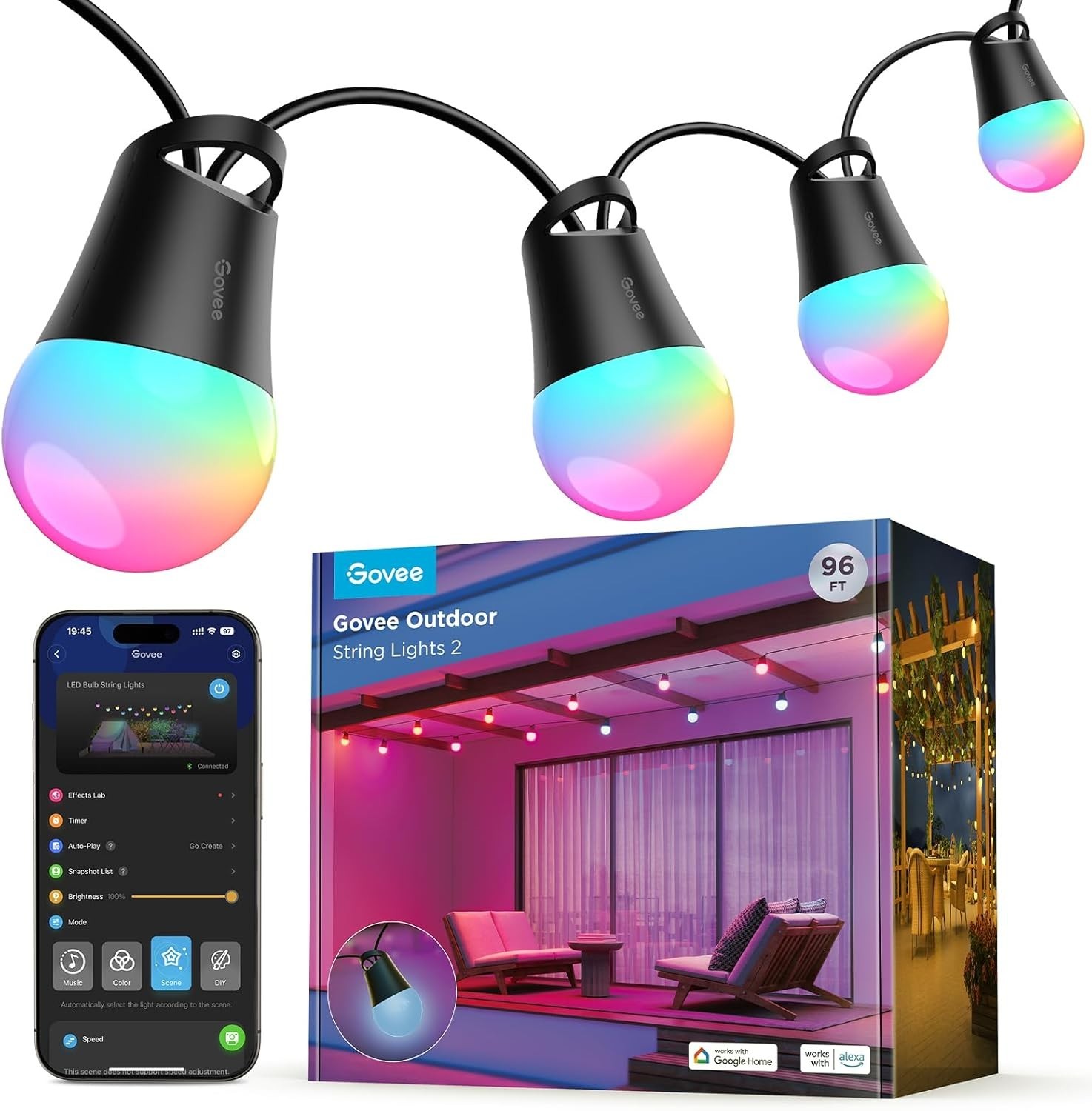 Govee H7038 Outdoor String Lights 2, 96Ft RGBIC Outdoor Lights with Dimmable