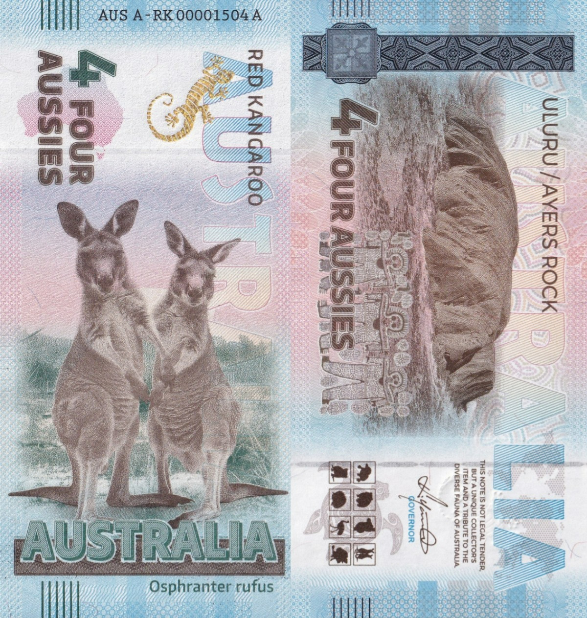 Australia TEST NOTE Souvenir Note 4 Aussie Red Kangaroo UNC