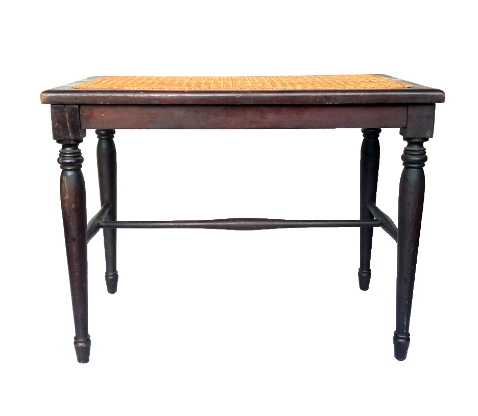 Antique Pre-1930 American Carved Wood Cane Seat Bench Piano Hall Seat Vintage