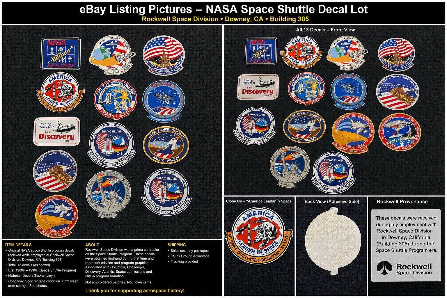 NASA shuttle decals Rockwell Downey Columbia Challenger Discovery