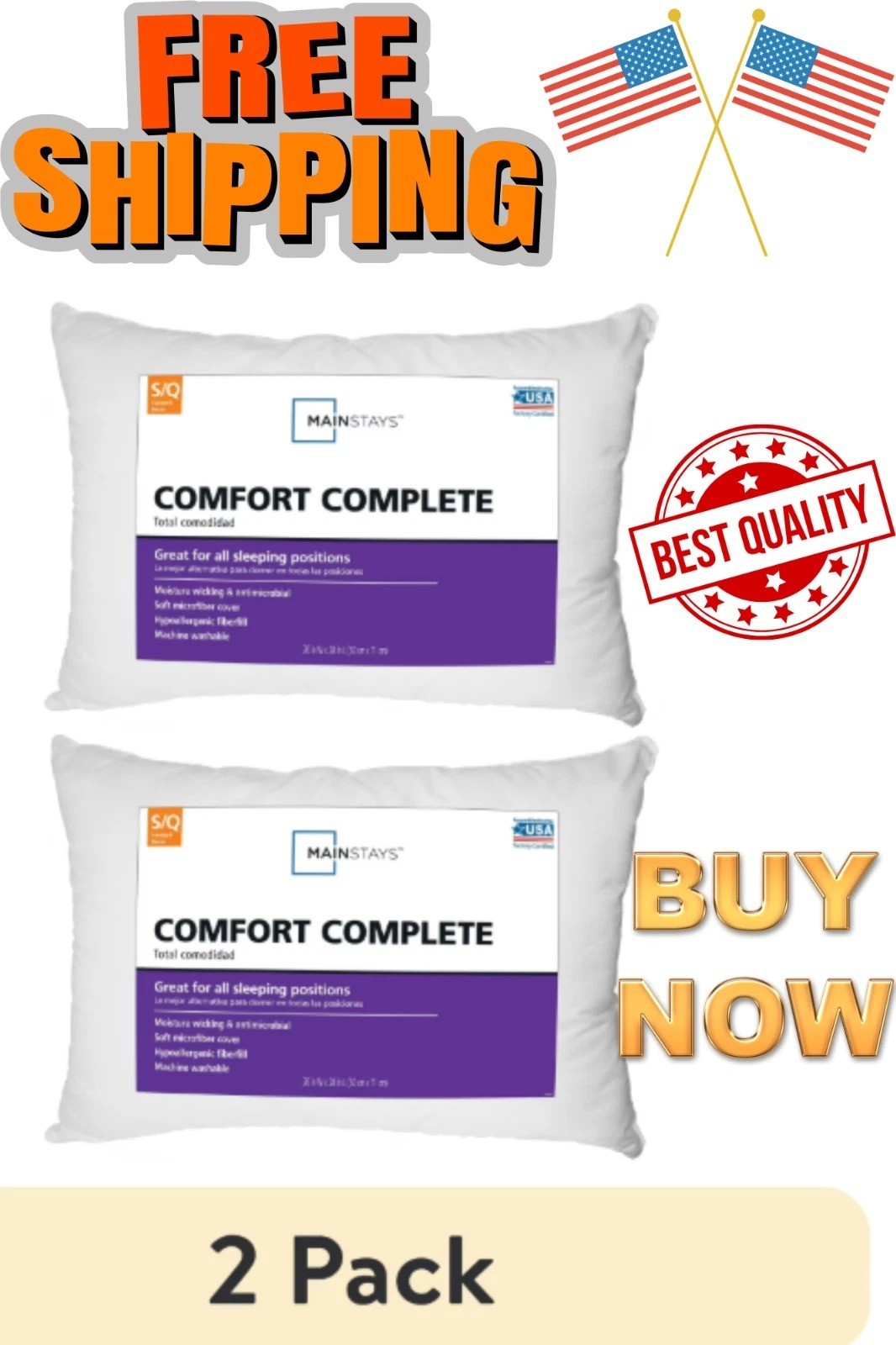(2 pack) Mainstays Comfort Complete Bed Pillow, Standard/Queen