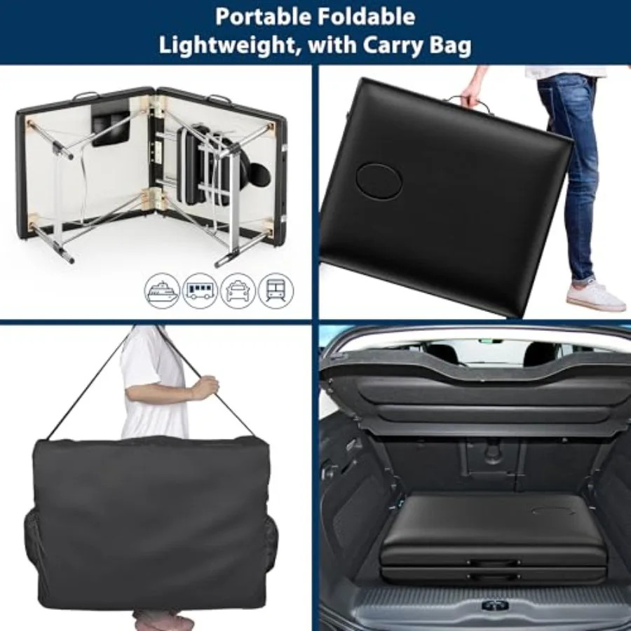 Massage Table Portable 2-Fold Lash Bed with Side Pocket Adjustable Height Sturdy