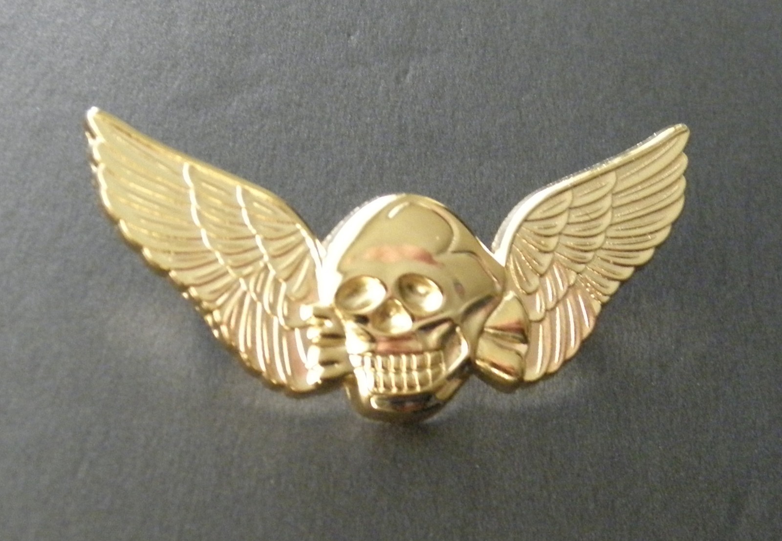 Skull Death Wings Biker Special Forces Gold Colored Hat Jacket Lapel Pin 2 inch