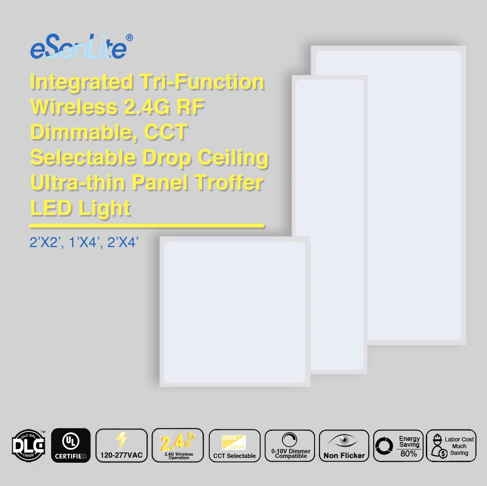 2 PK 2x2 LED Flat Panel Light Remote Control 3000k-5000k Dimmable Office Troffer