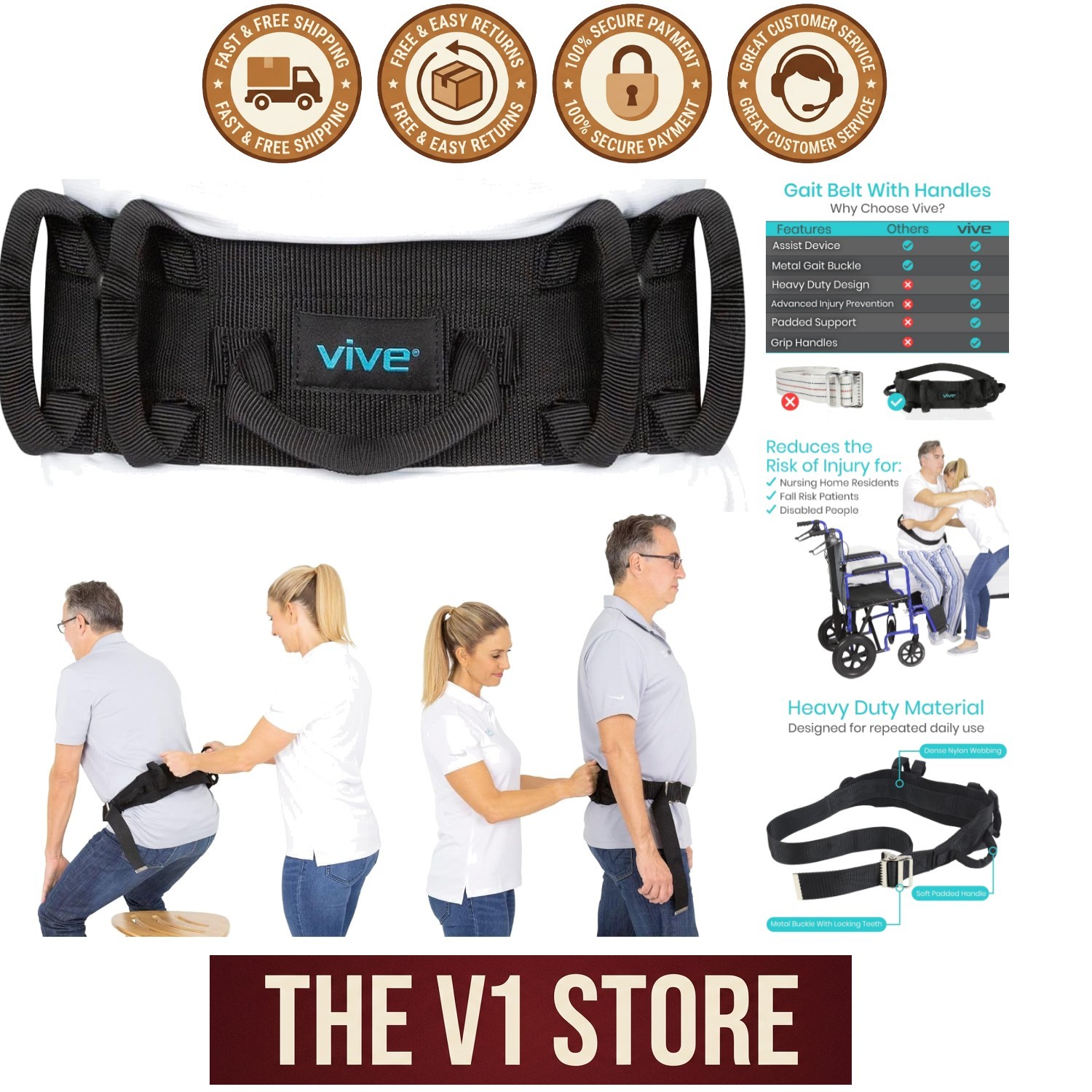 Adjustable Nylon Gait Belt with 7 Padded Handles - Caregiver Safety Essential