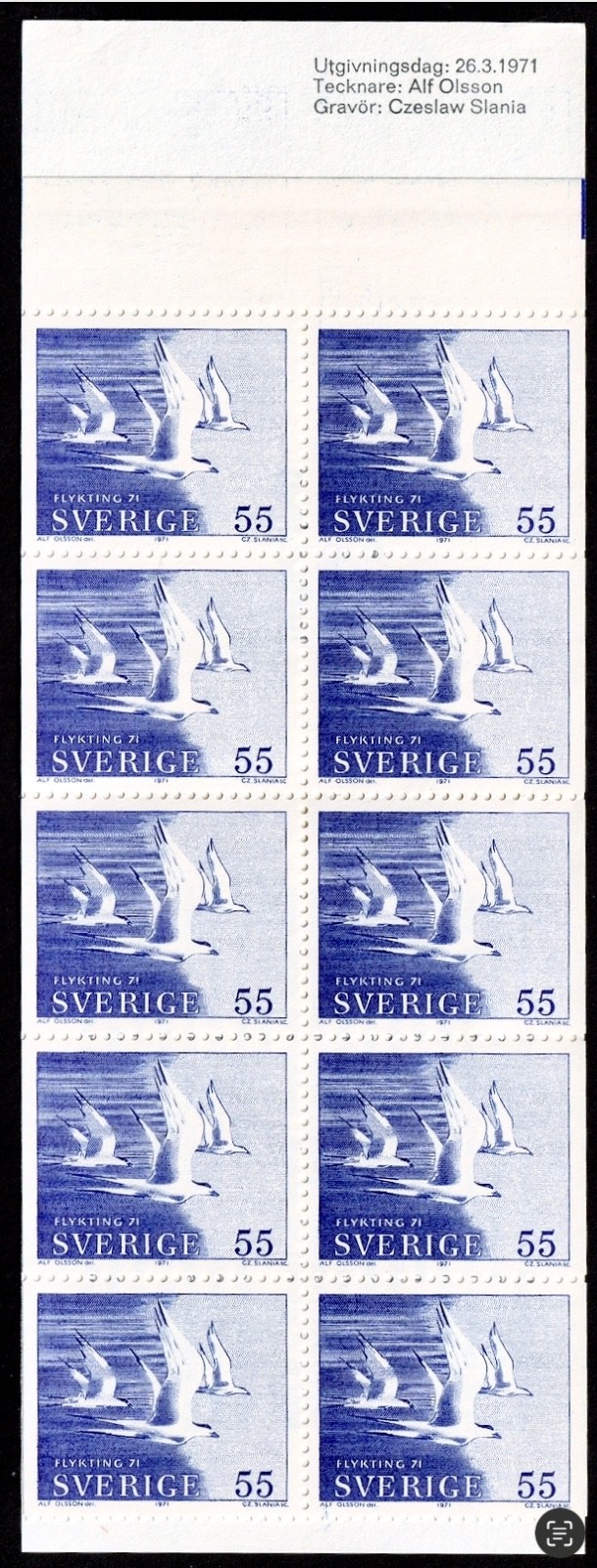 Sweden, Complete Booklet Pane of 10 Stamps, MNH-1971, 55 öre, Sc. 888a, SG SB257