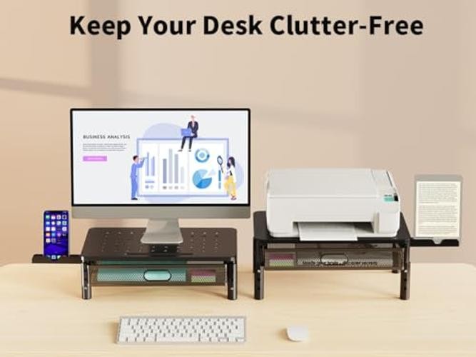 Monitor Stand Riser with Metal Mesh Drawer, Height Adjustable with Phone