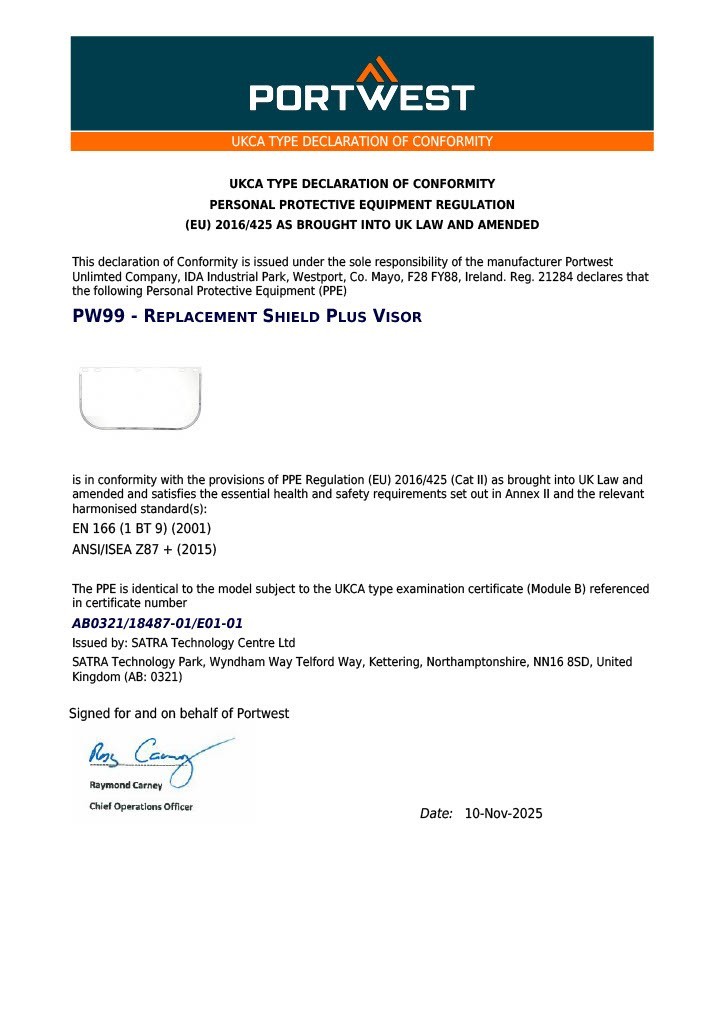 Portwest Replacement Shield Plus Visor Clear | PW99