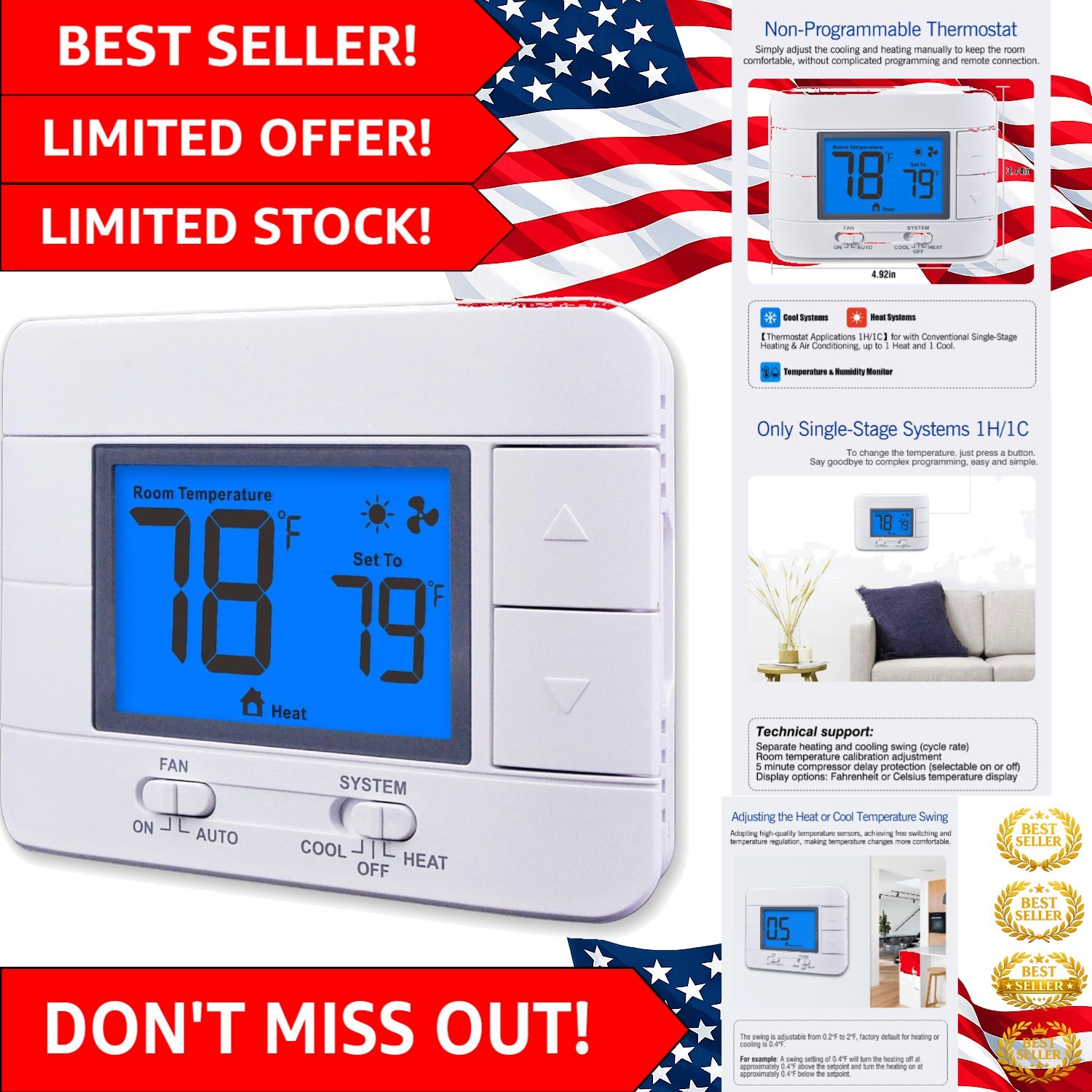 Non-Programmable Thermostat for 1 Heat/1 Cool Systems with Blue Backlit Display