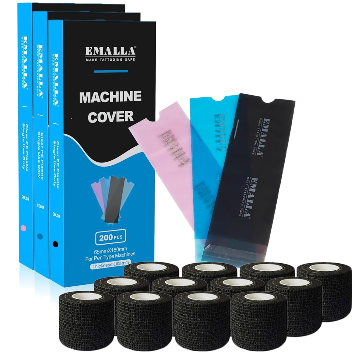 Tattoo Pen Covers Black 600Pcs + 12Pcs Grip Wrap Combo