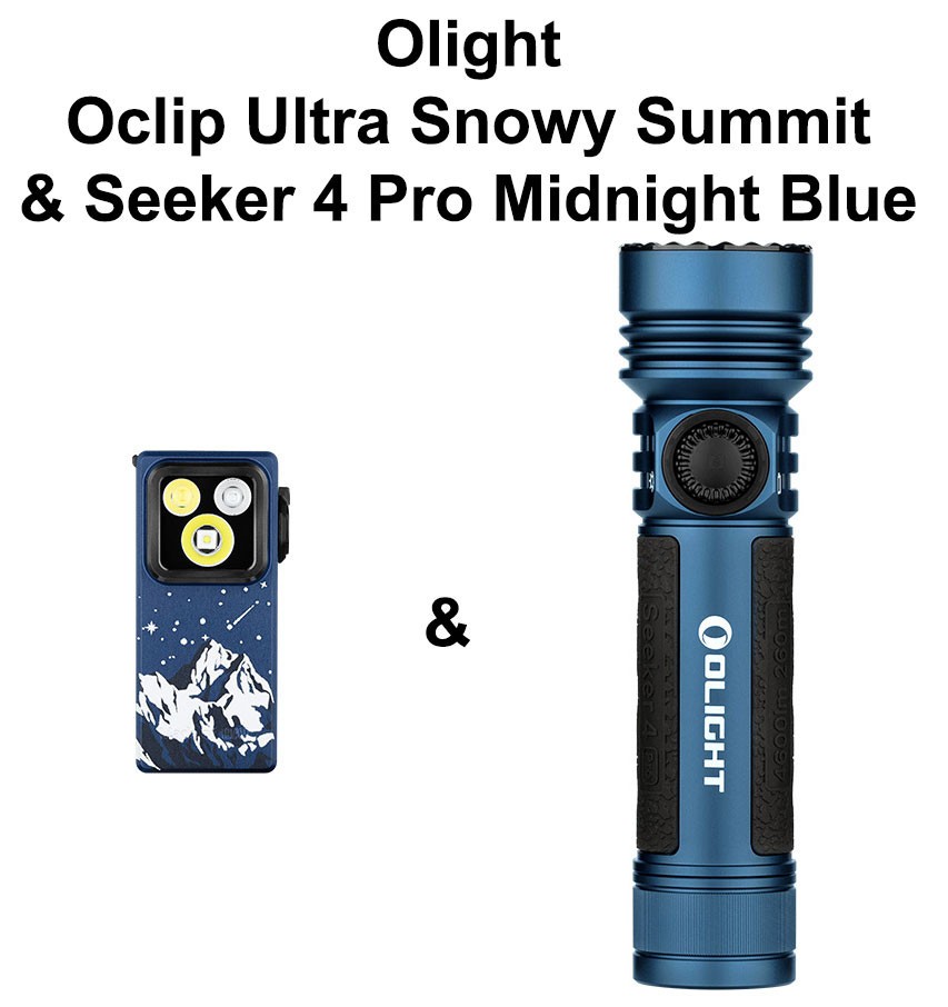 Olight Seeker 4 Pro Midnight Blue CW & Oclip Ultra Snowy Summit Clip-On Light