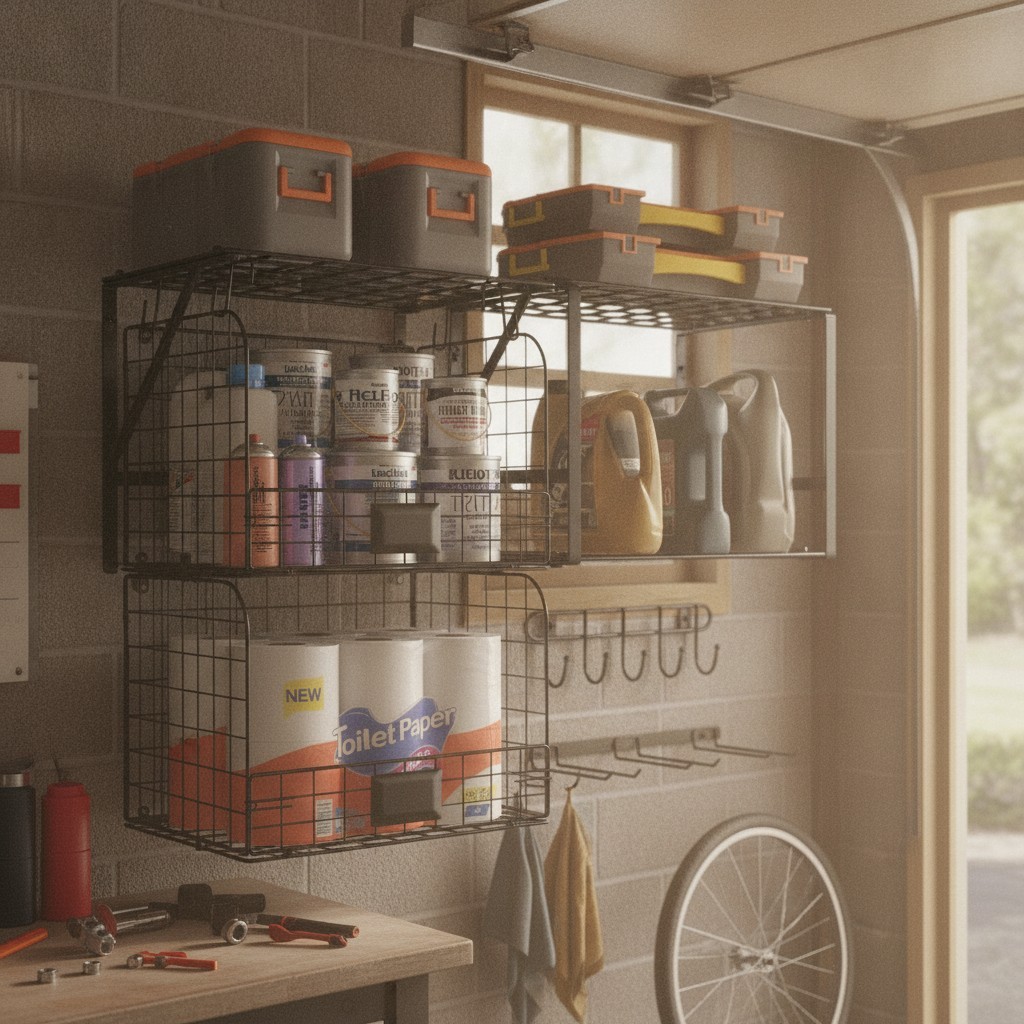 Garage Shelf Wall Mounted with Wire baskets, Heavy Duty Garage Wall Shelving ...