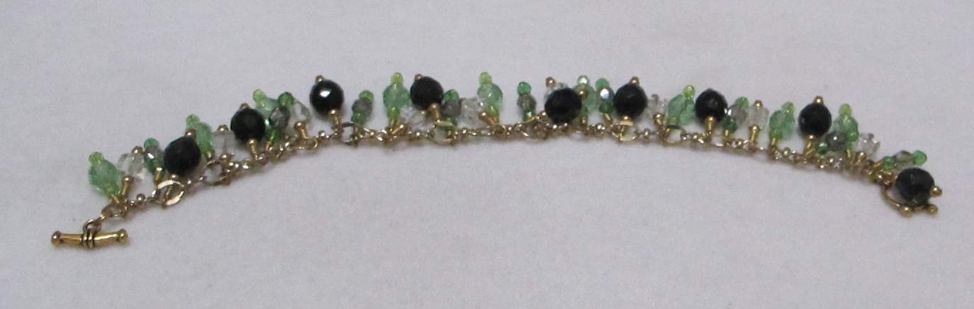 Artisan 9” Gold Tone Charm Bracelet Lt Green, Black, Clear Dangling Crystals
