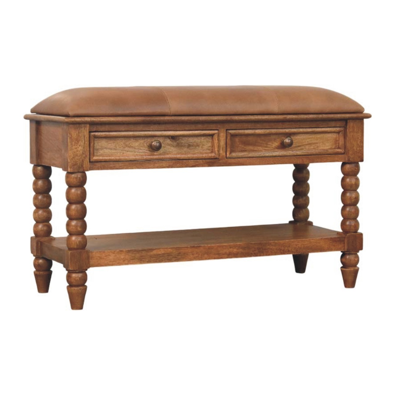 Leather Spindle Storage Bench - Amber Oak