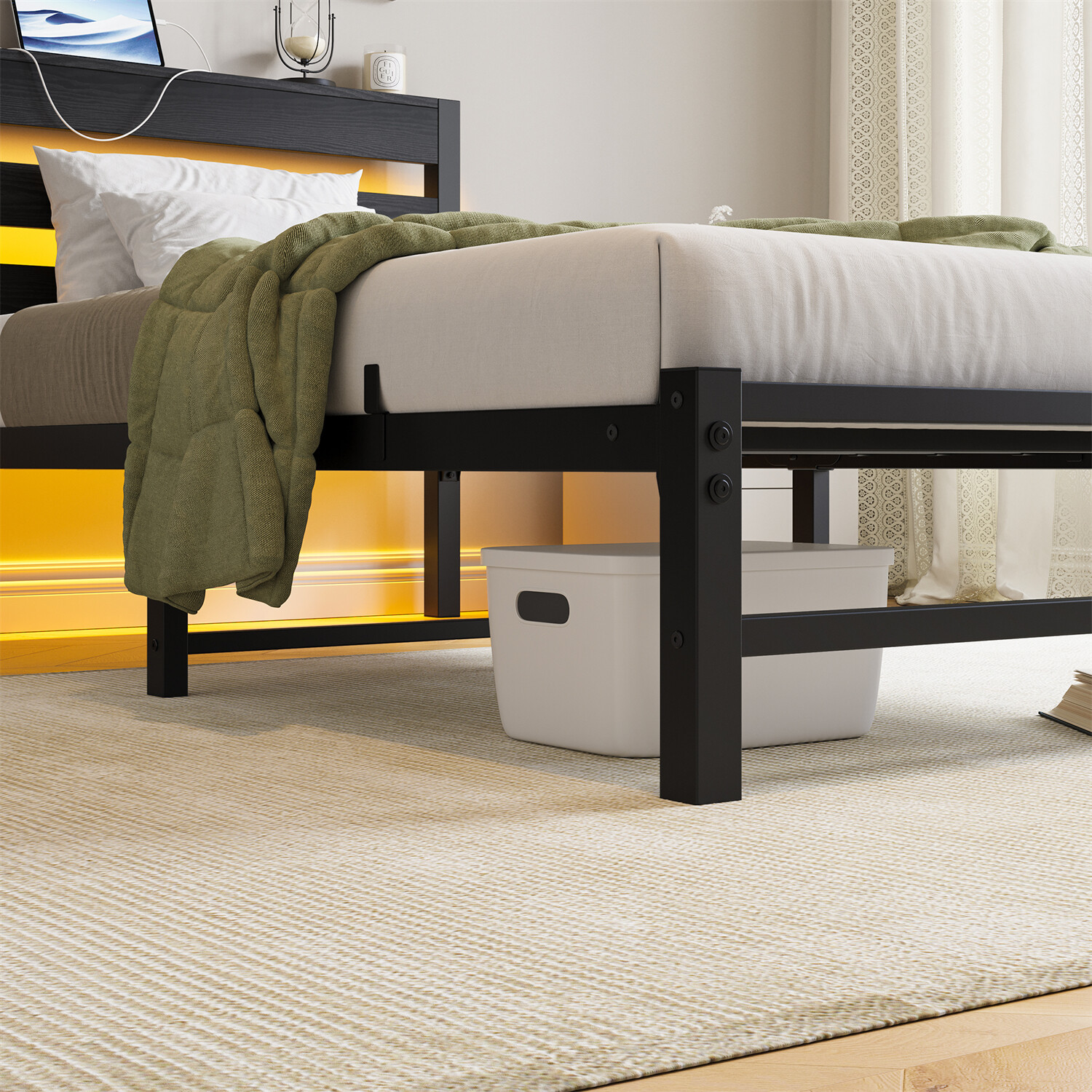 Twin Size Bed Frame Metal Platform Bed with LED Lights & Charging Station US