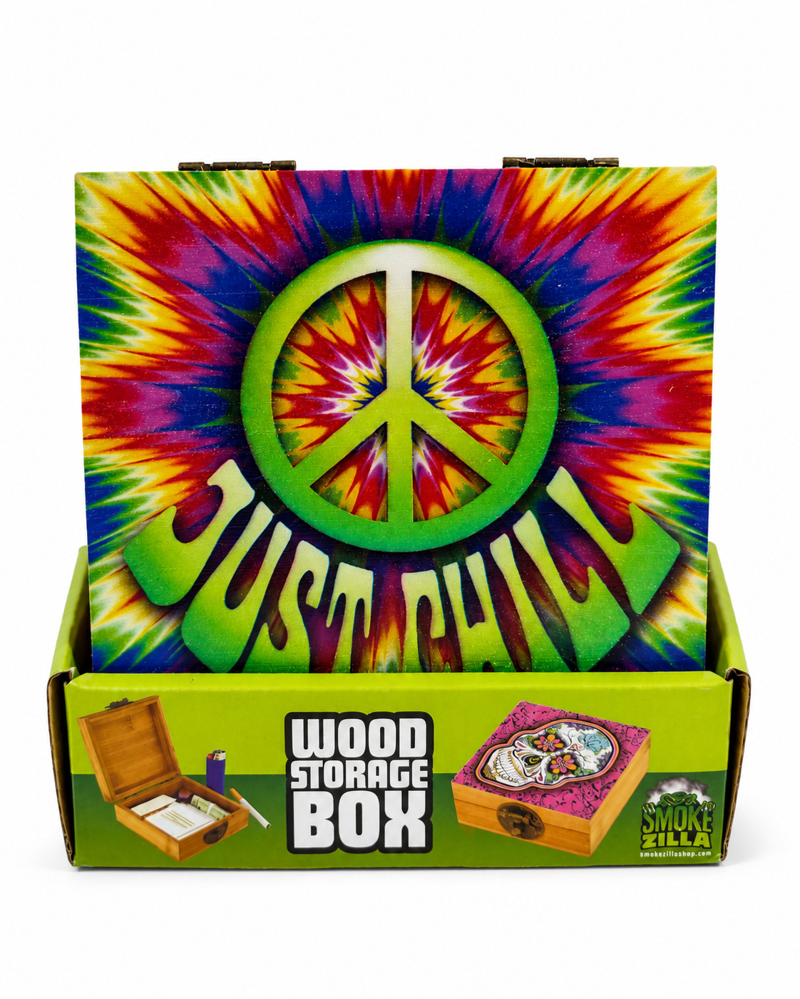 SmokeZilla Wood Storage Box Just Chill Peace Sign Tie Dye Stash Box