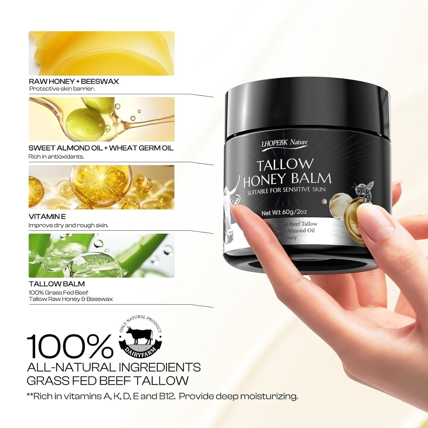Beef Tallow for Skin: Tallow Honey Balm for Dry Skin - Organic Grass Fed Whipped