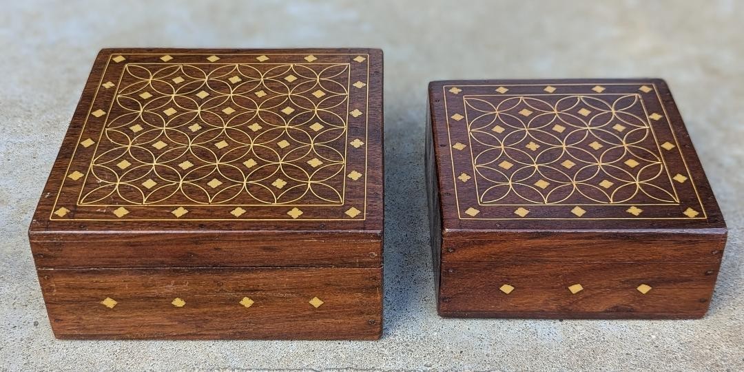 Set of 2 Inlaid Wooden Trinket Jewelry Watch Boxes