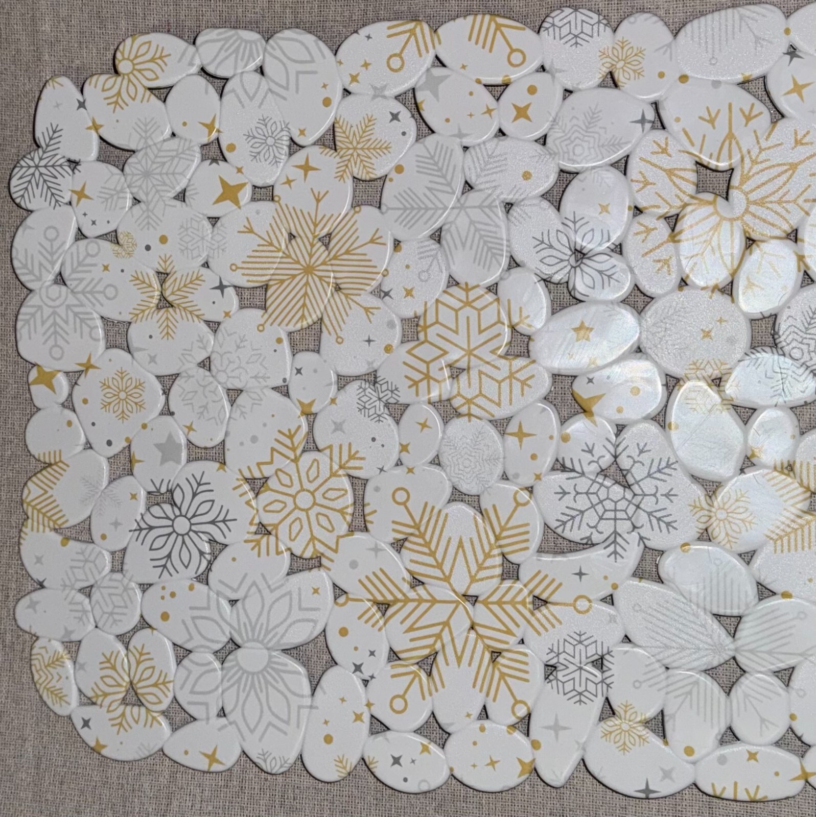 Ktchn. White, Silver, & Gold Snowflake Print Sink Mat