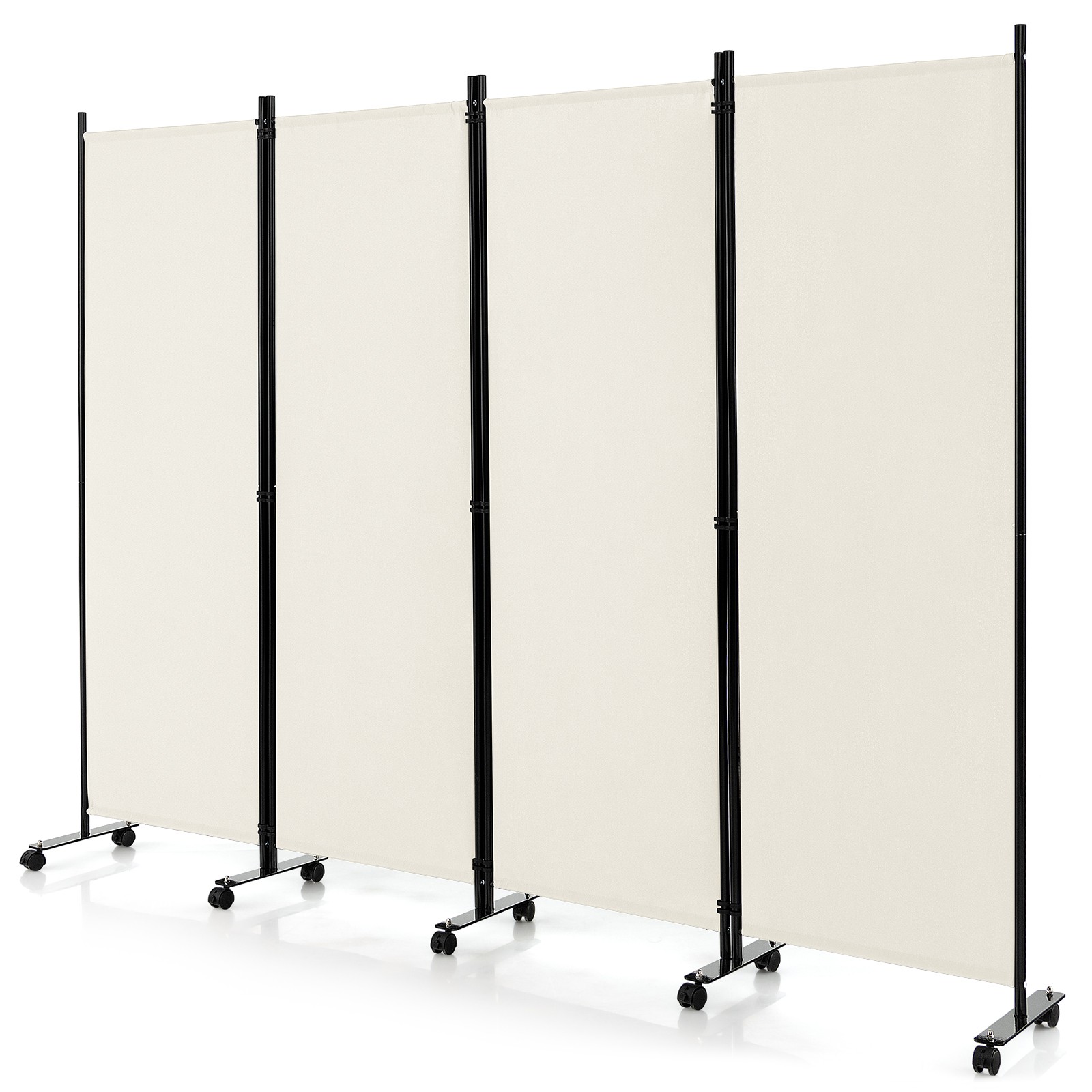 4-Panel Folding Room Divider 6' Rolling Privacy Screen w/ Lockable Wheels White