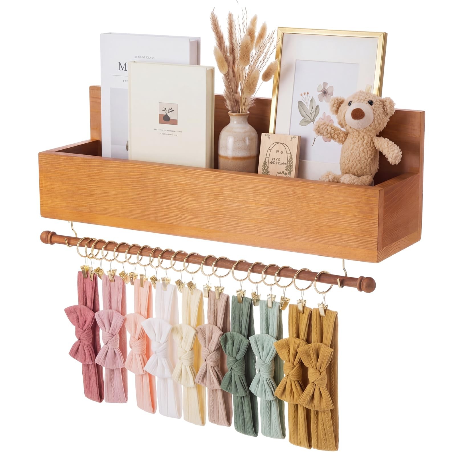 Wood Floating Shelf with Towel Bar & 20 Hooks, Large Capacity 19x5.5x5.5 Inch...