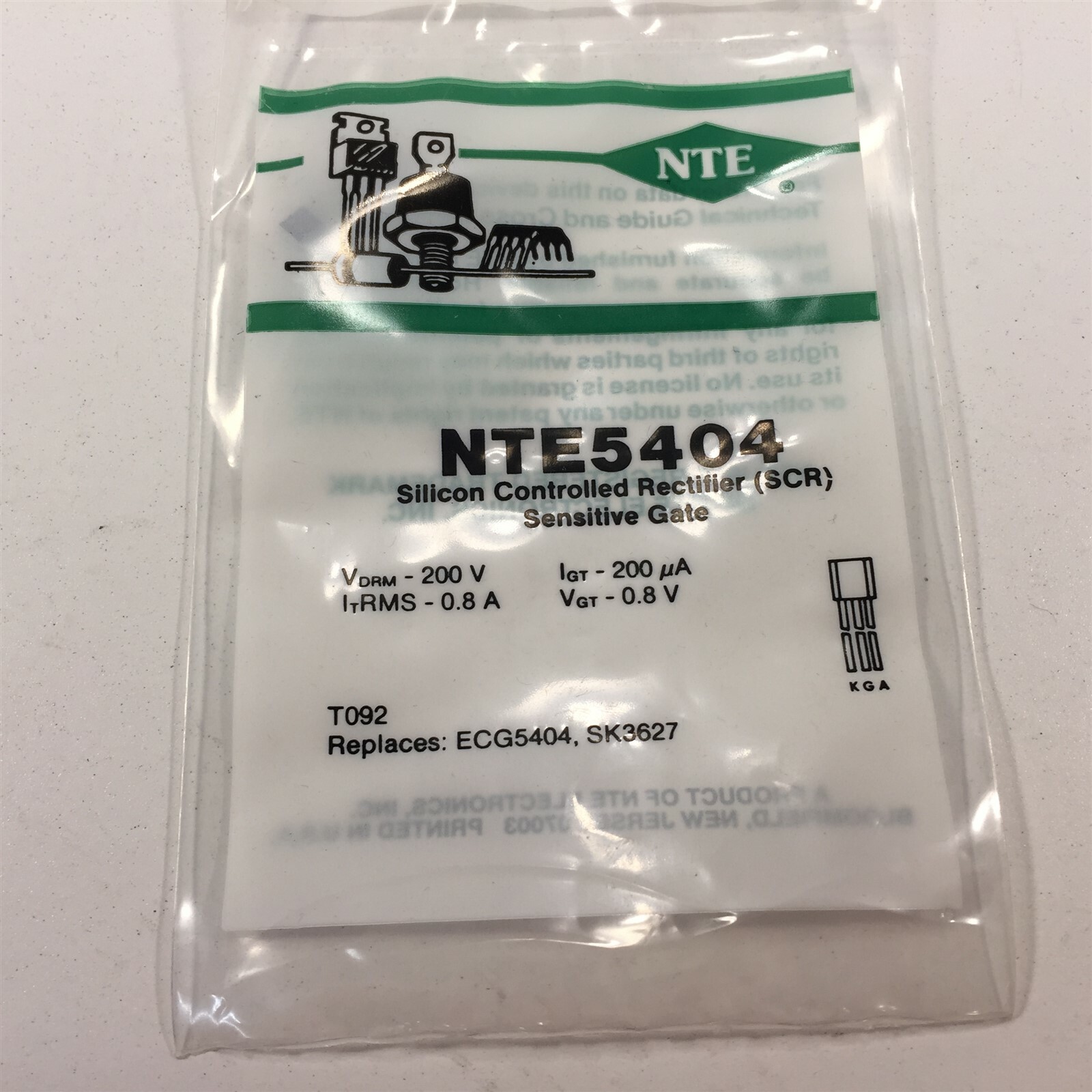 (2) NTE5404 Silicon Controlled Rectifier (SCR) 0.8 Amp Sensitive Gate TO92-2/Lot