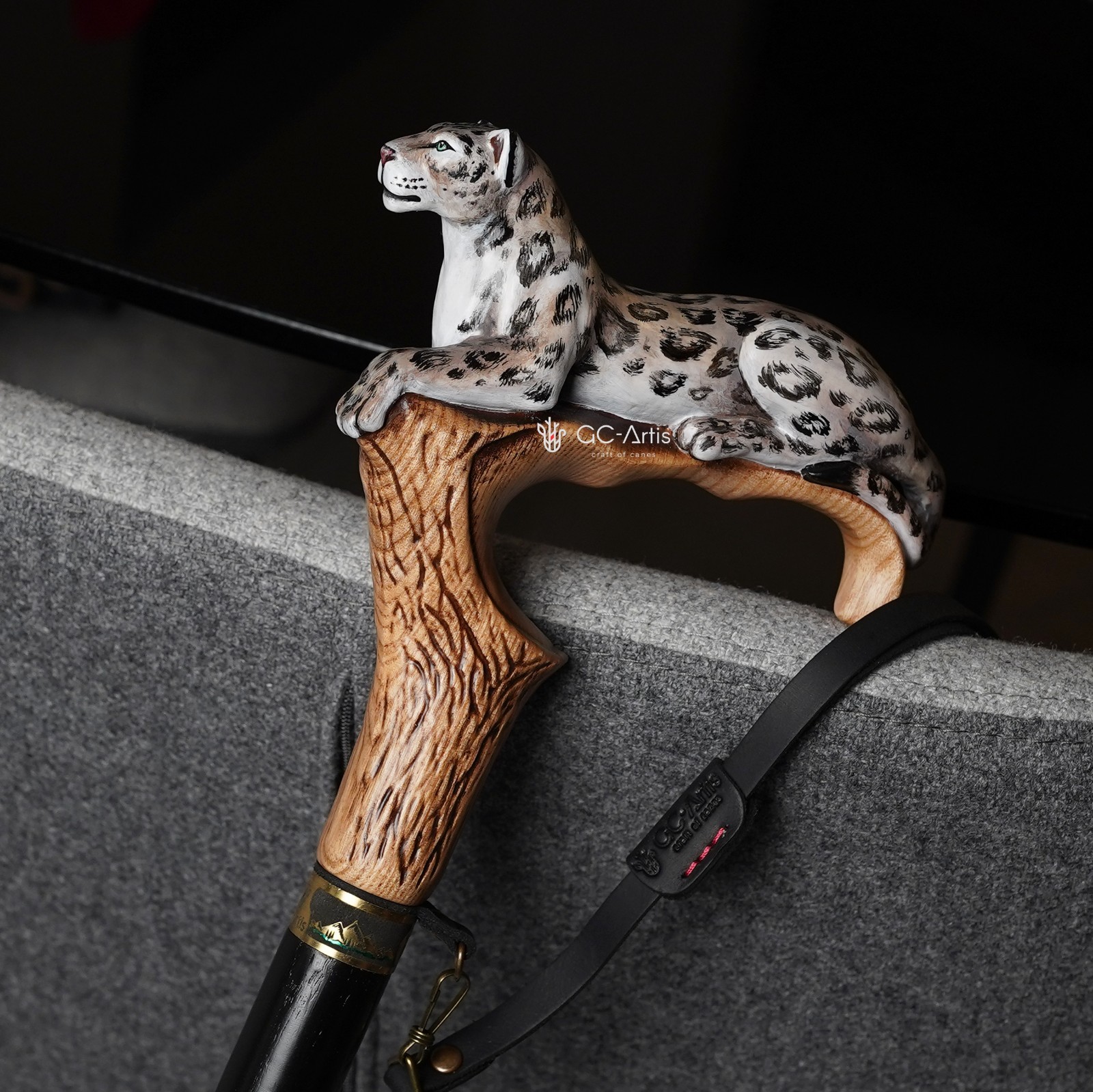 Wooden Walking cane stick Snow Leopard - Irbis White cat Wood Carved Handpainted