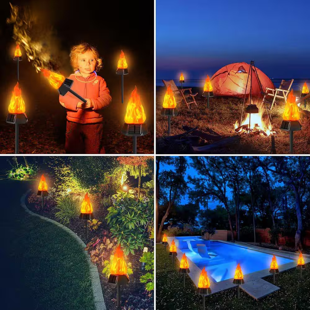 4-Pack Black Plastic Solar Outdoor Torch Lights with Flickering Flame Waterproof