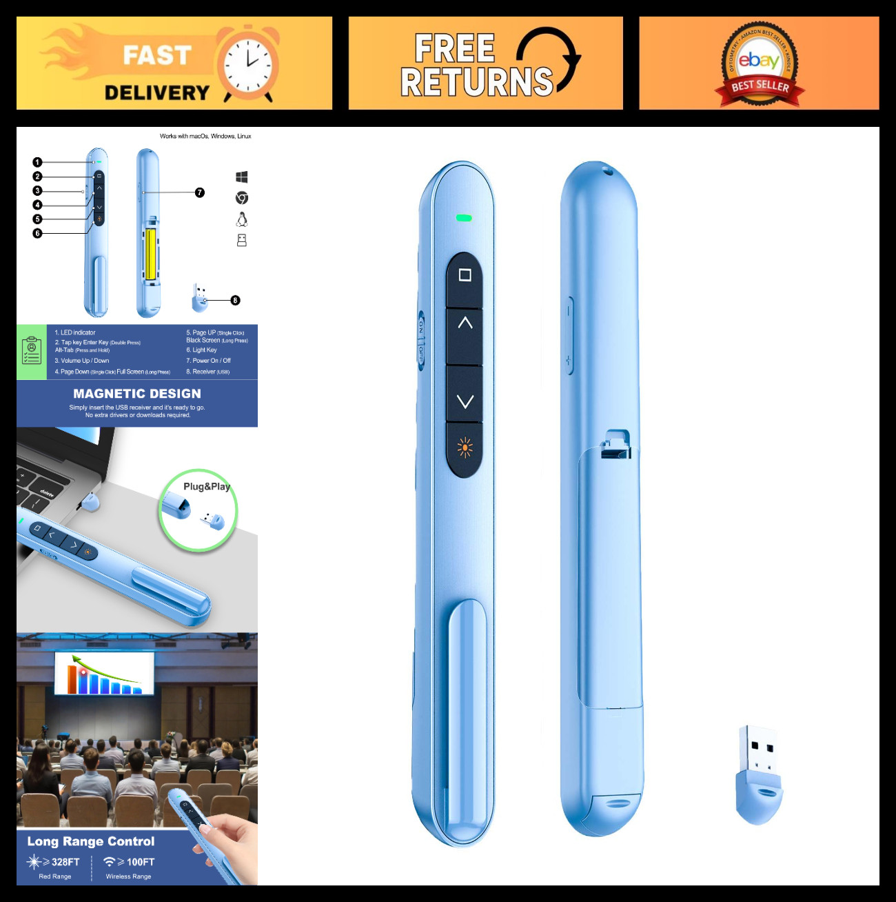 Wireless Presentation Clicker for PowerPoint - USB Remote with Volume Control, S