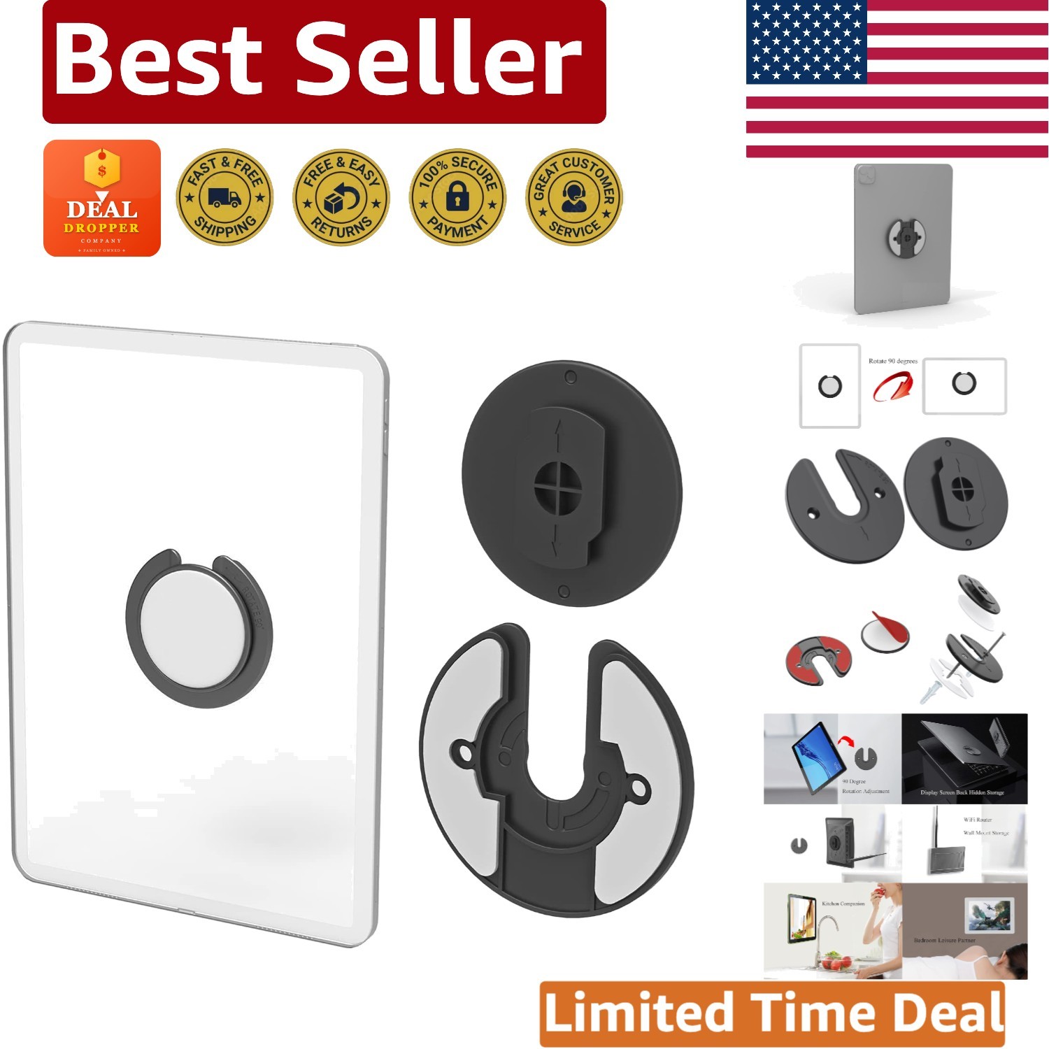 Water-Resistant Rotating Tablet Wall Holder for Kitchen, Bathroom & Living Room