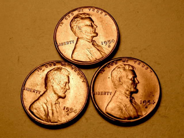 3 Different 1954-S Ch/Gem BU Red Uncirculated Lincoln Cent Die Break Errors#1