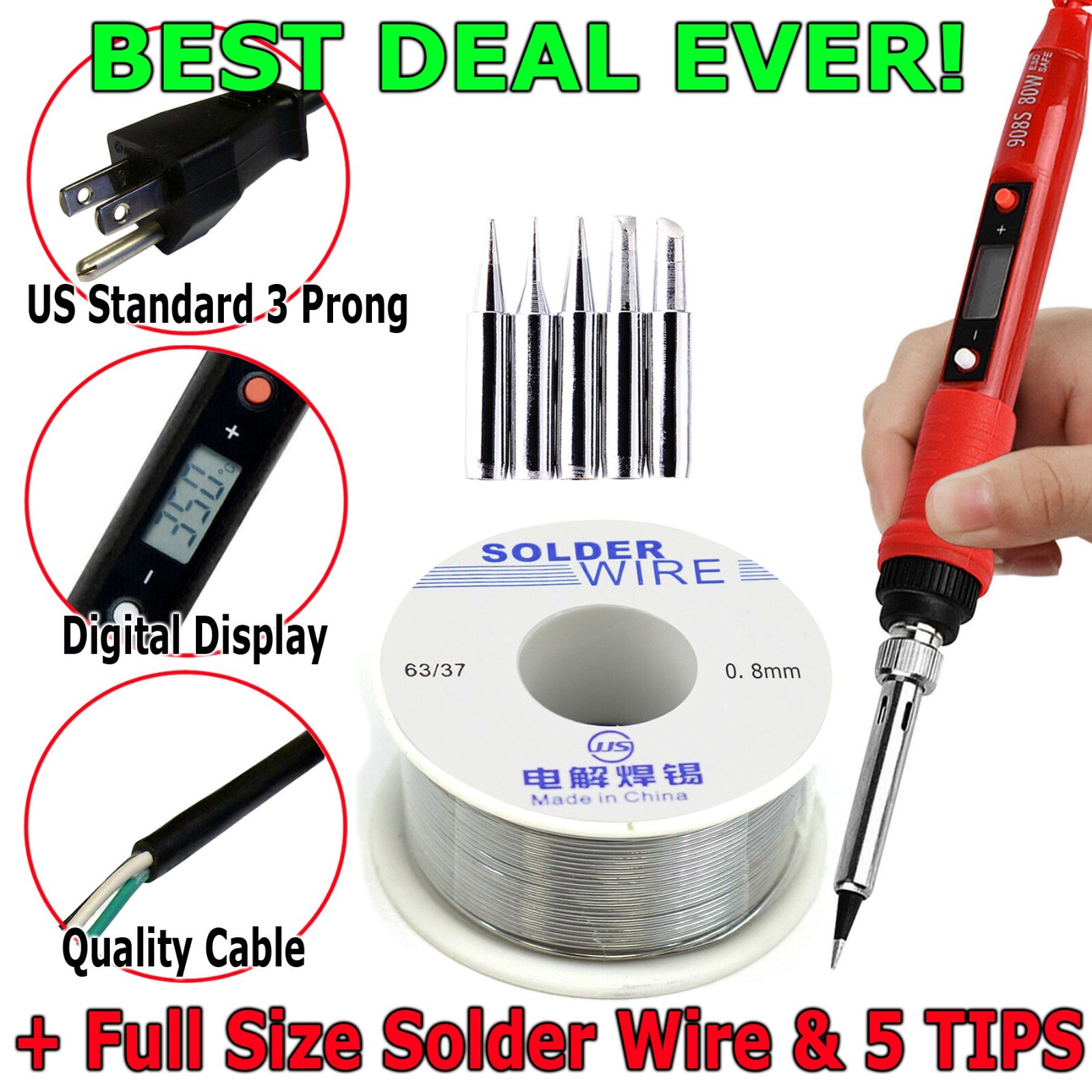 80W Digital Electric Soldering Iron Kit Tempe Adjustable Welding Tool Solder Gun