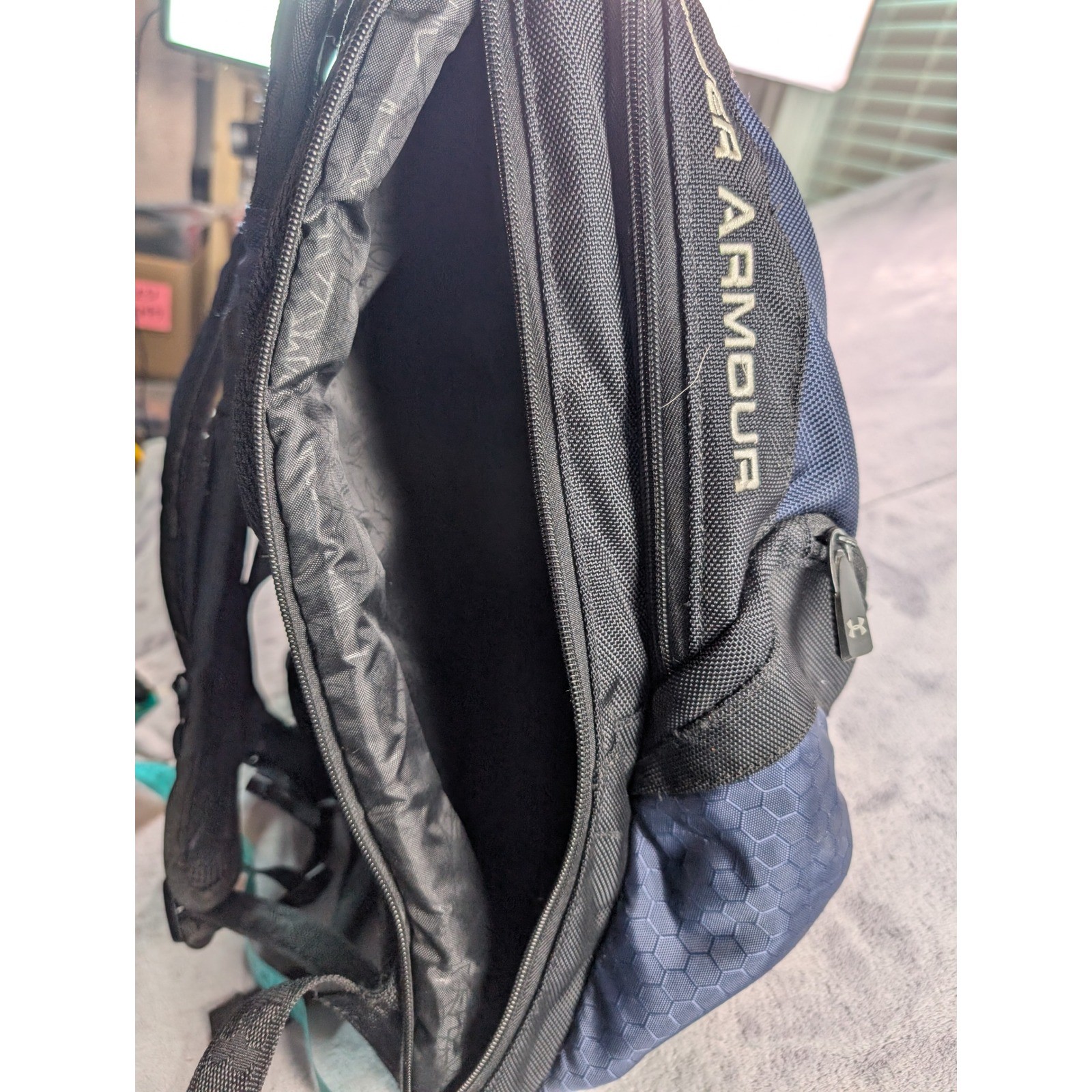 Under Armour Storm Backpack Navy Blue Black Honeycomb Pattern Laptop Bag