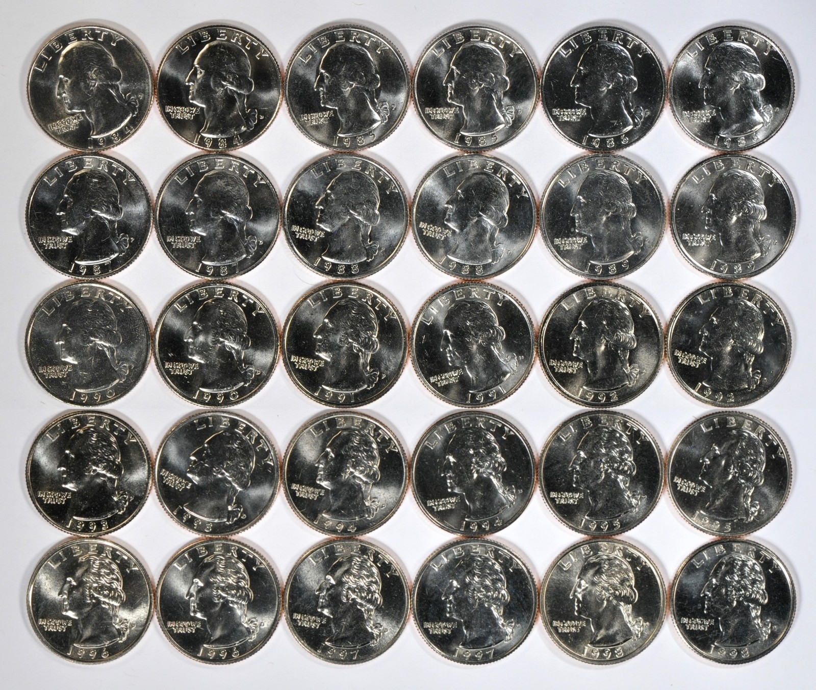 (30-Coin Set) 1984-1998 P,D 25C Washington Quarters Set Nice UNC