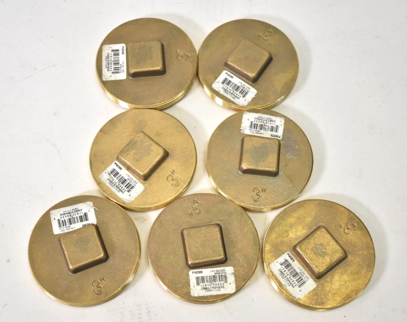 Lot of 7 Brass Cleanout Plugs Raised Square Heads P50300 3" Round Threaded