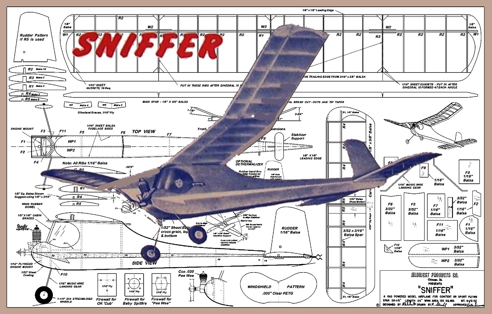 Midwest Model Airplane Plans (FF): Sniffer 29½" Span 135si for .010-.049 (1952)