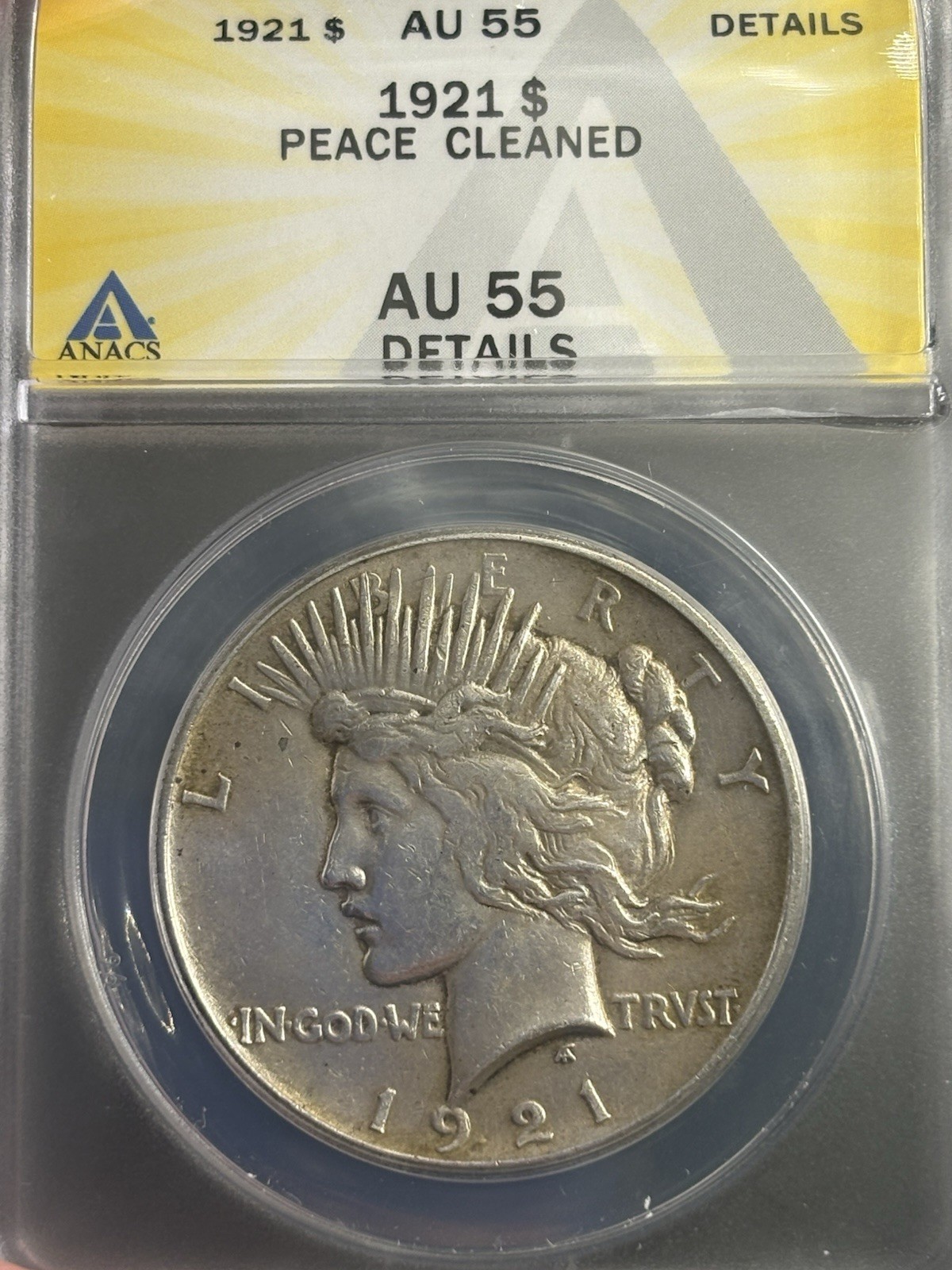 1921 High Relief Peace $1 ANACS AU 55 Detail Cleaned Silver Dollar, Nicely Toned
