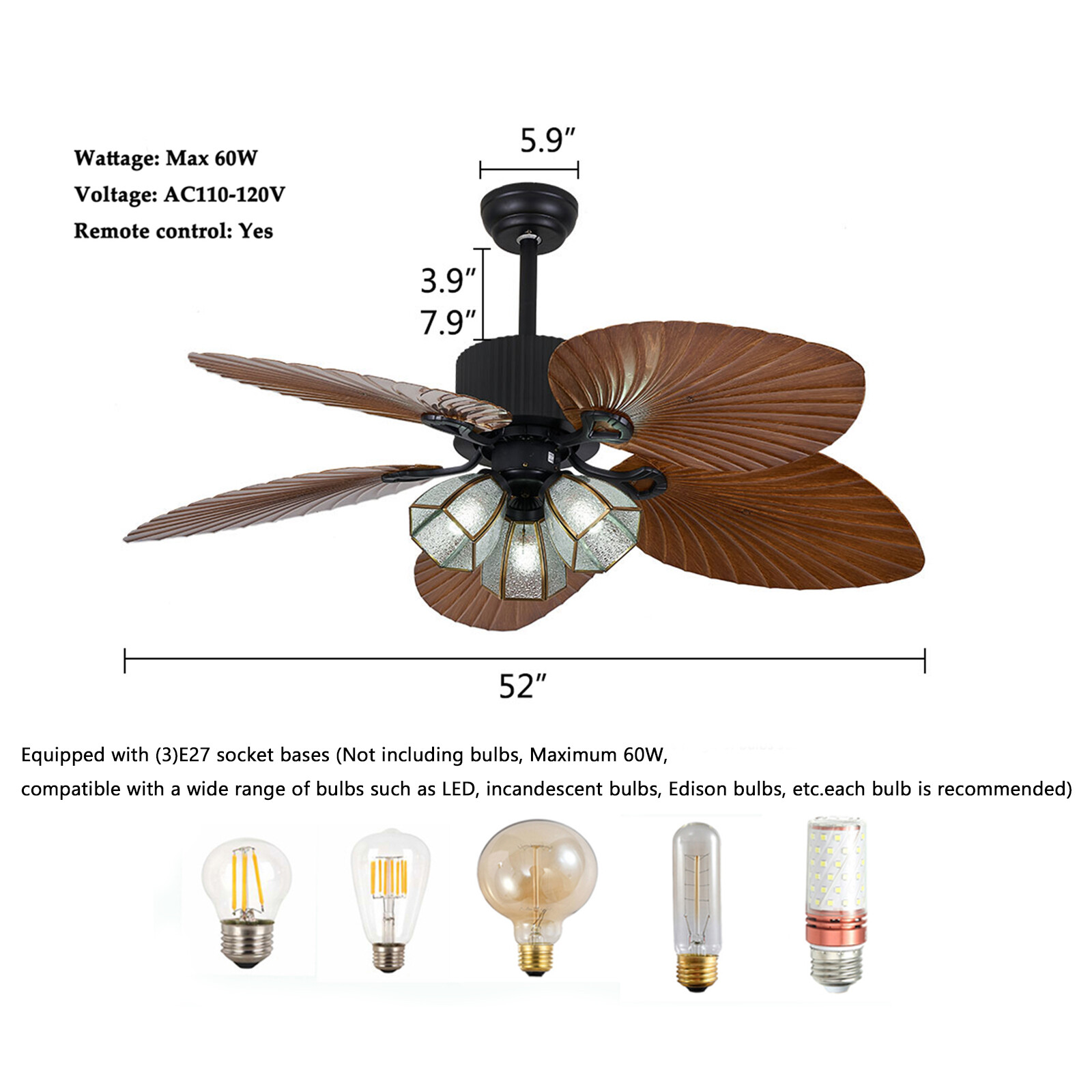 52'' Ceiling Fan w/ LED Light With Remote Control 5 Blades Tropical Palm Leaf